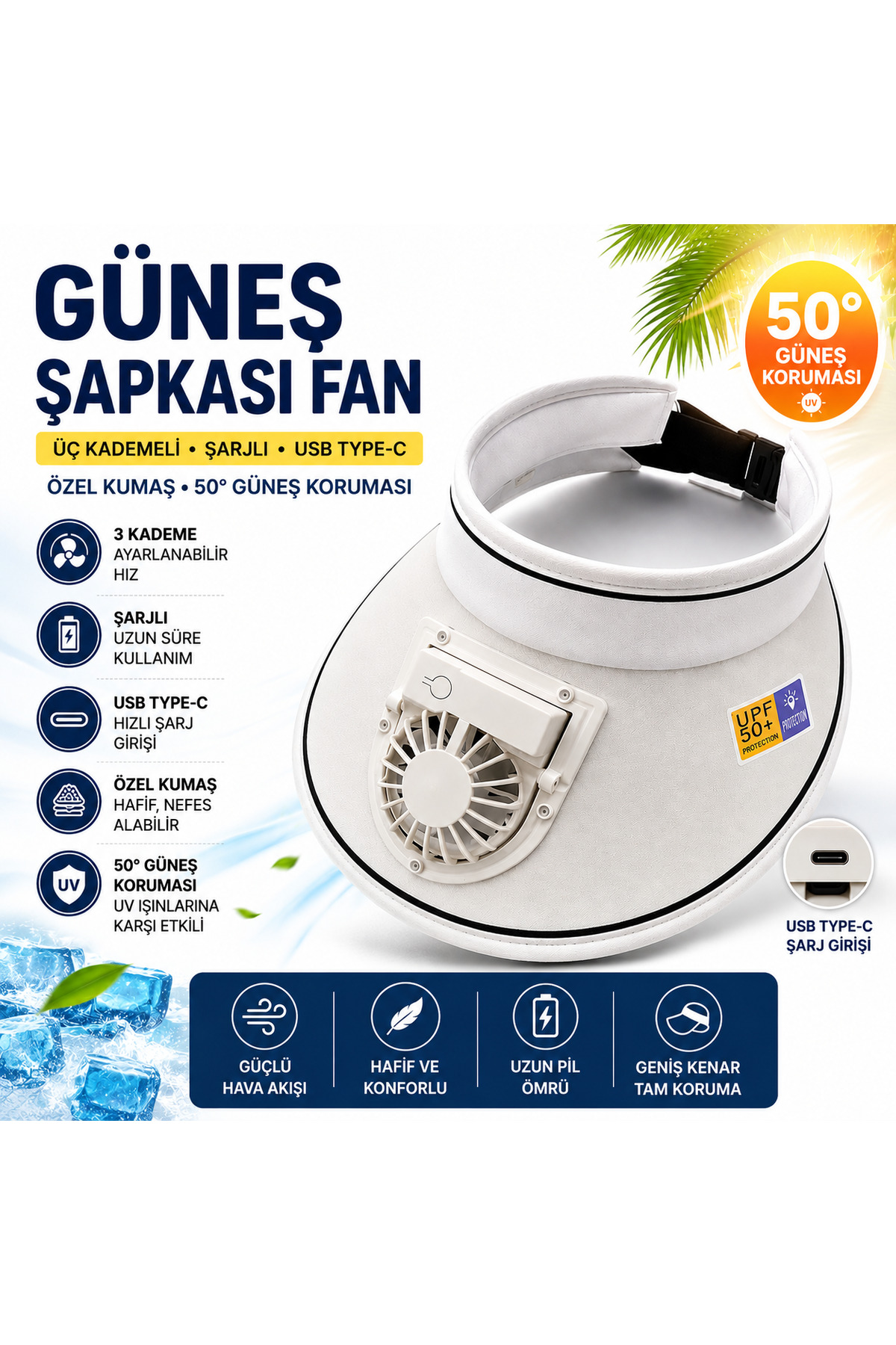 SENBANG Şarjlı Güneş Şapkası Fan USB Type-C 3 Kademeli Soğutucu Vizör Şapka UPF 50+ UV Korumalı