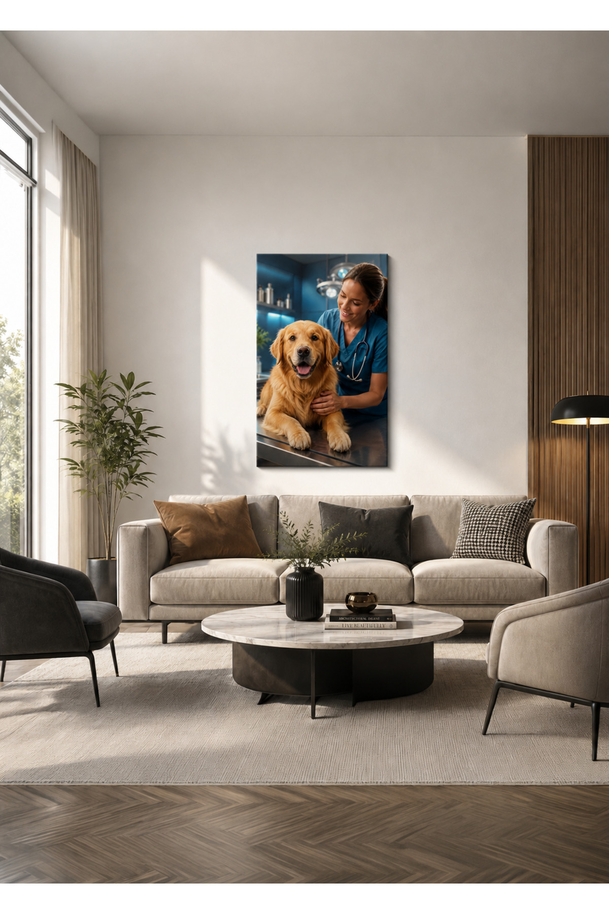 MDF Tablo Veteriner Hekim ve Golden Retriever Köpek – Klinik Temalı Ev ve Ofis Duvar Dekorasyonu