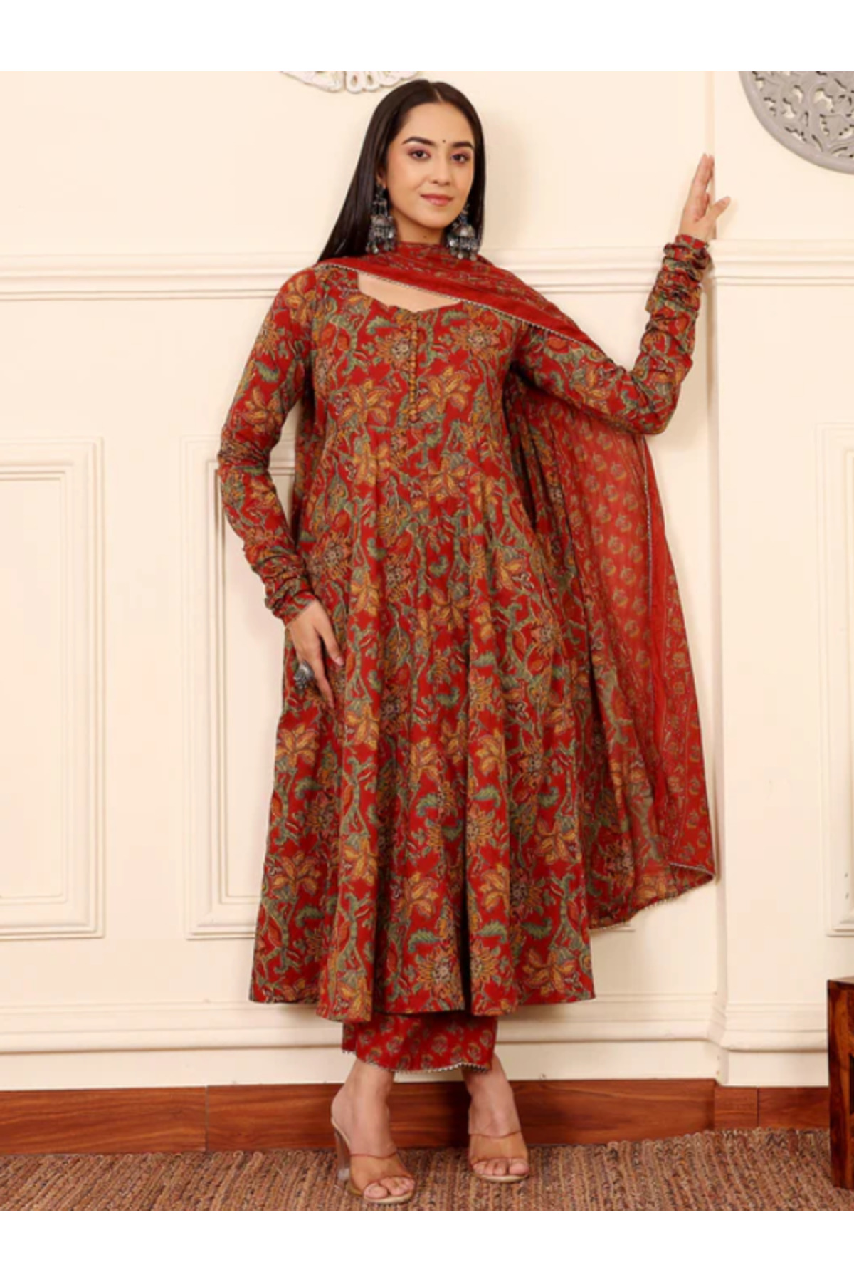 MYSMAR Red Cotton Salwar Kameez Dupatta - ALV2054-Red-Size-M-38-Inches