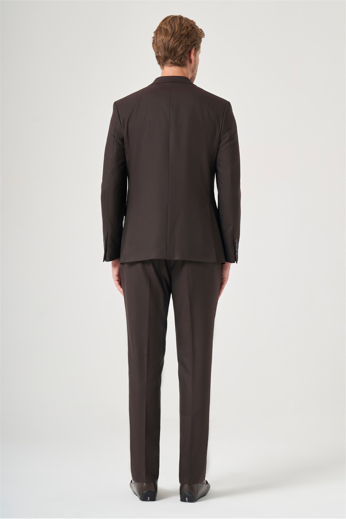 İmza Kahverengi-Antrasit Mono Yaka Çizgili 6 Drop Slim Fit Tam Astar Esnek Takım Elbise 1001260901 görsel 5