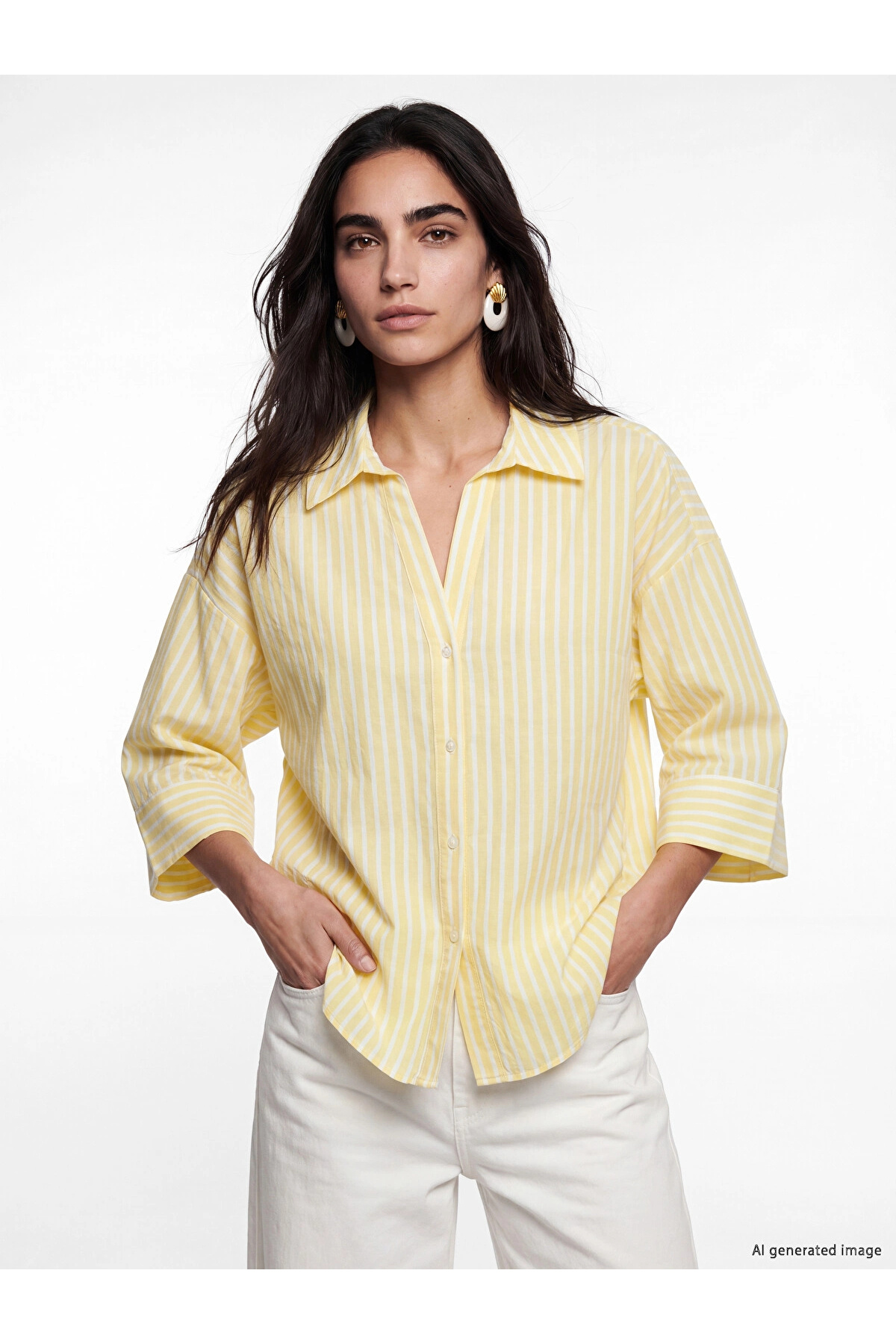 LC Waikiki Lcw Vision Yellow Striped Oversize Poplin Women's Shirt