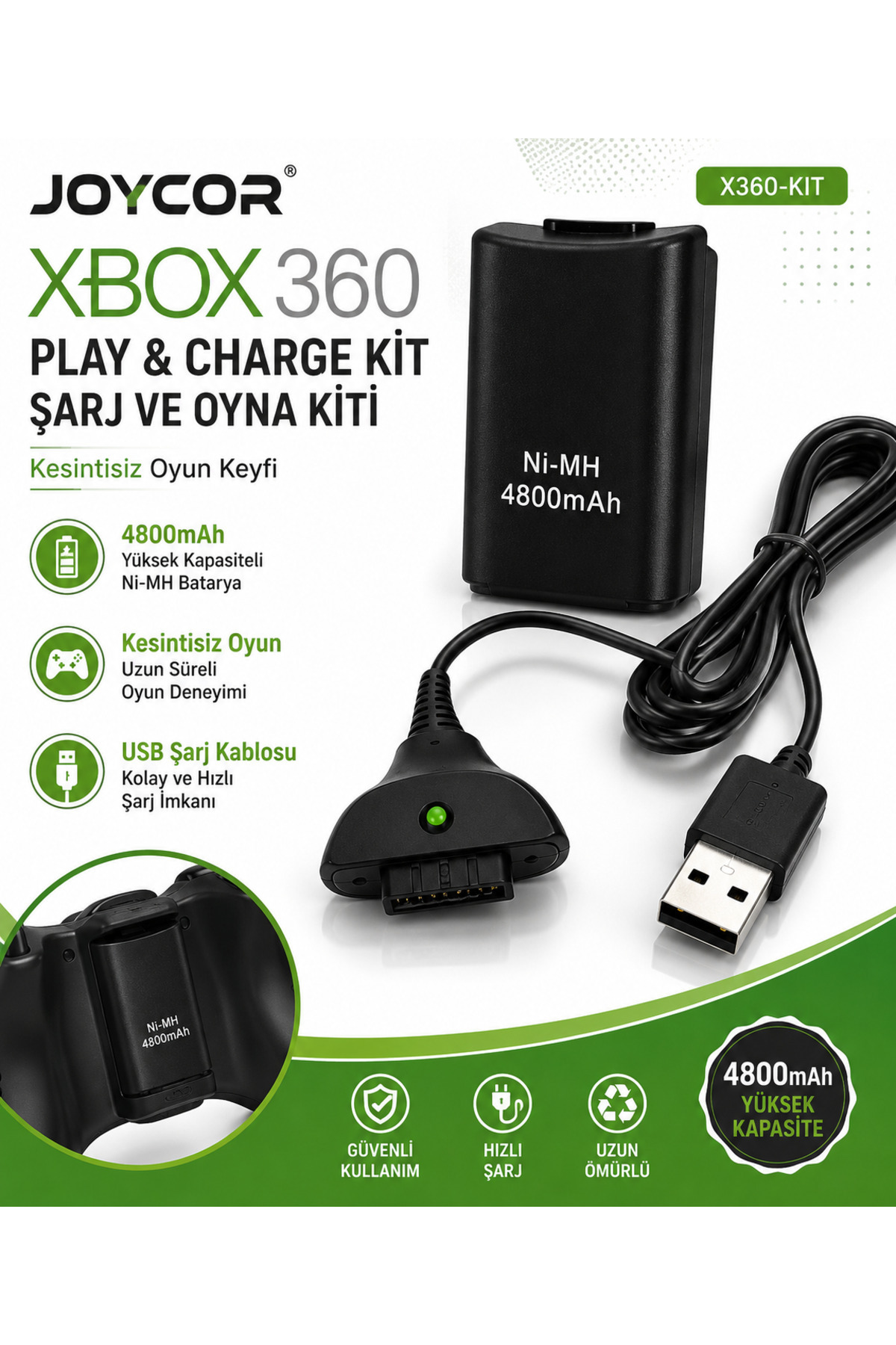 XBOW360 カセット JOYCOR Xbox 360 Play & Charge Kit 4800mAh Şarjlı Batarya ve USB