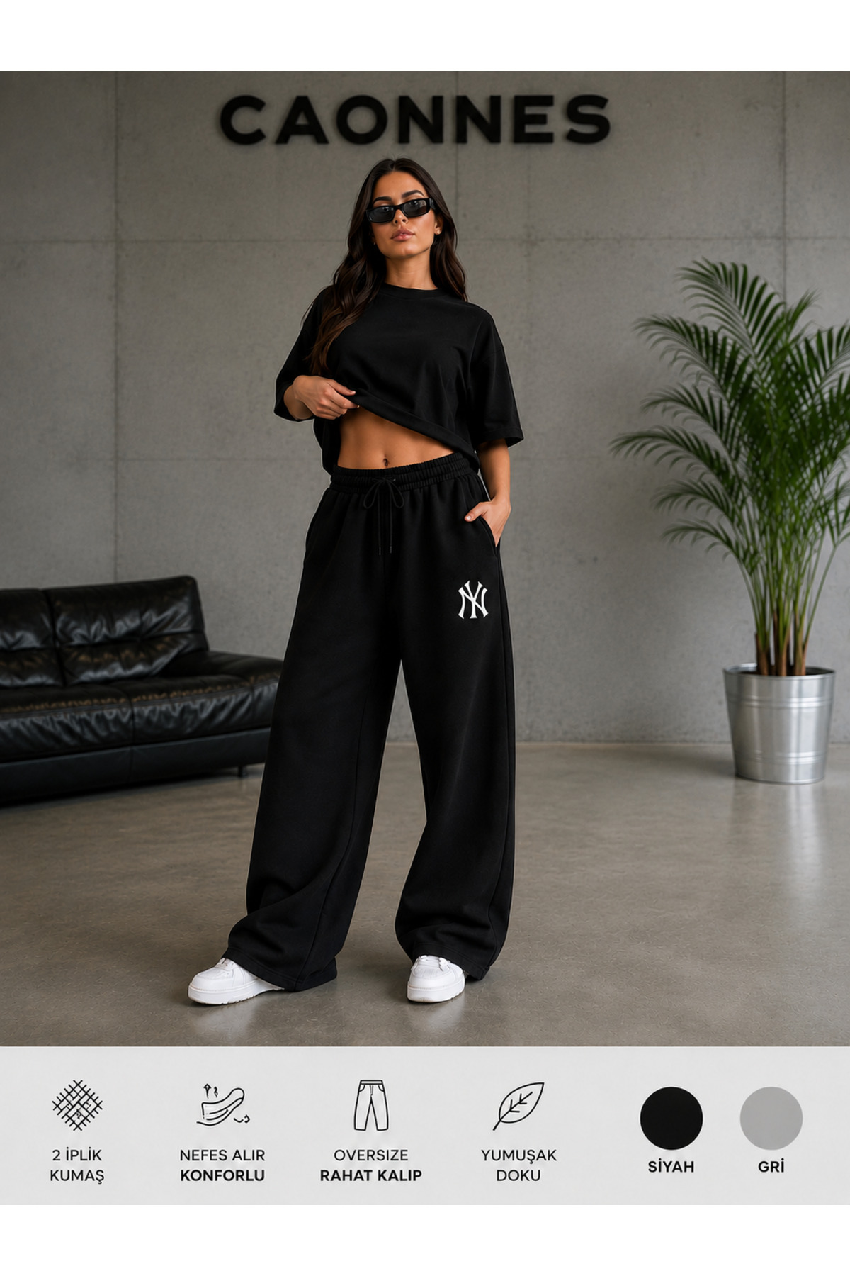 CAONNES 2'li Kadın NY Baskılı Eşofman Altı (Siyah-Gri) Oversize Baggy Salaş Paça görsel 3