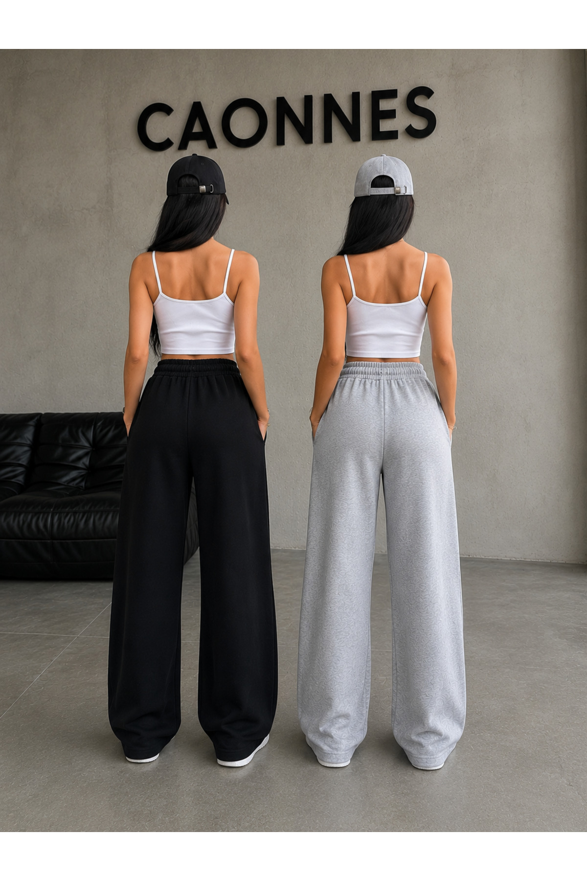 CAONNES 2'li Kadın NY Baskılı Eşofman Altı (Siyah-Gri) Oversize Baggy Salaş Paça görsel 2