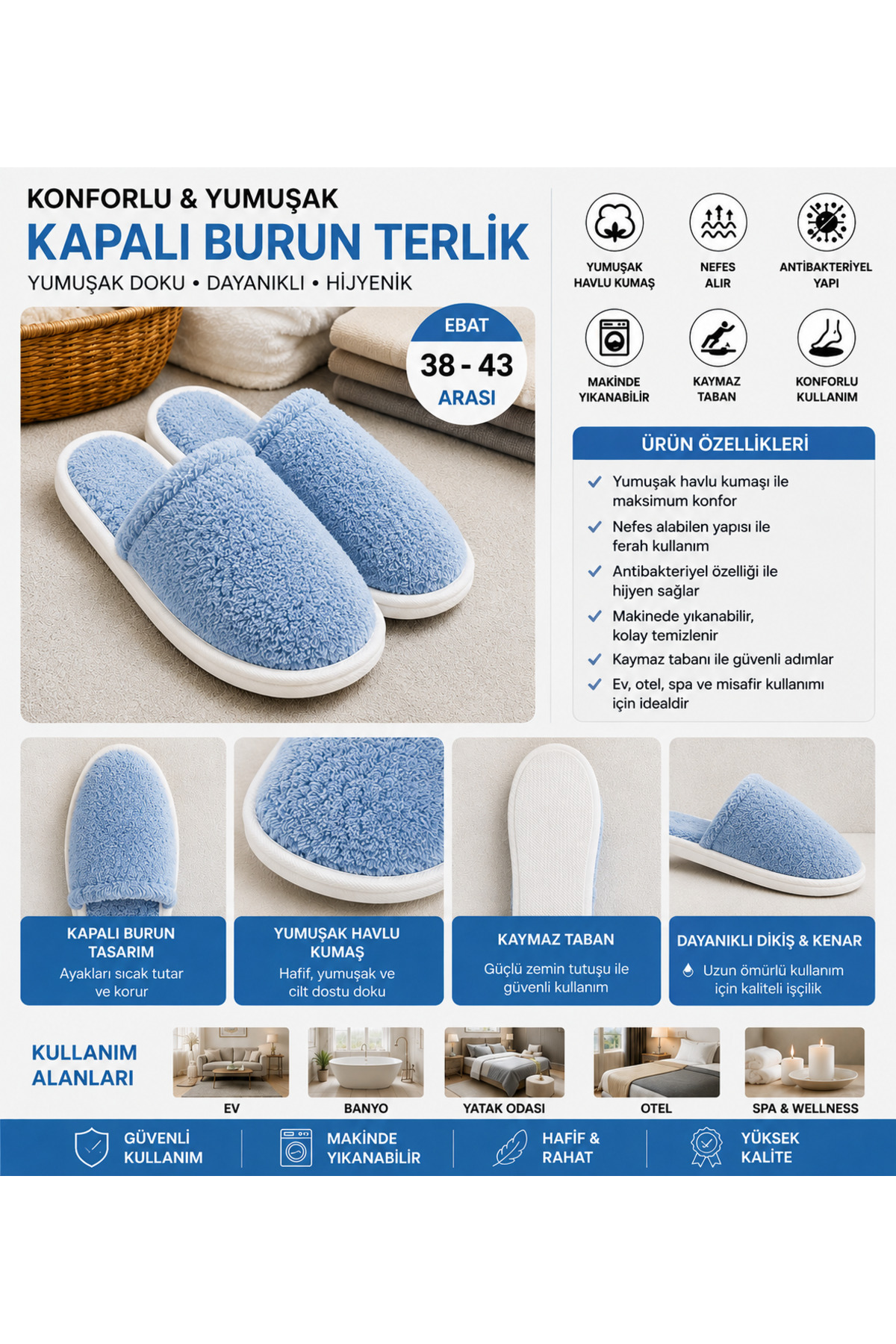 Genel Markalar Kapalı Burun Havlu Ev Terliği Kaymaz Taban Yumuşak Unisex
