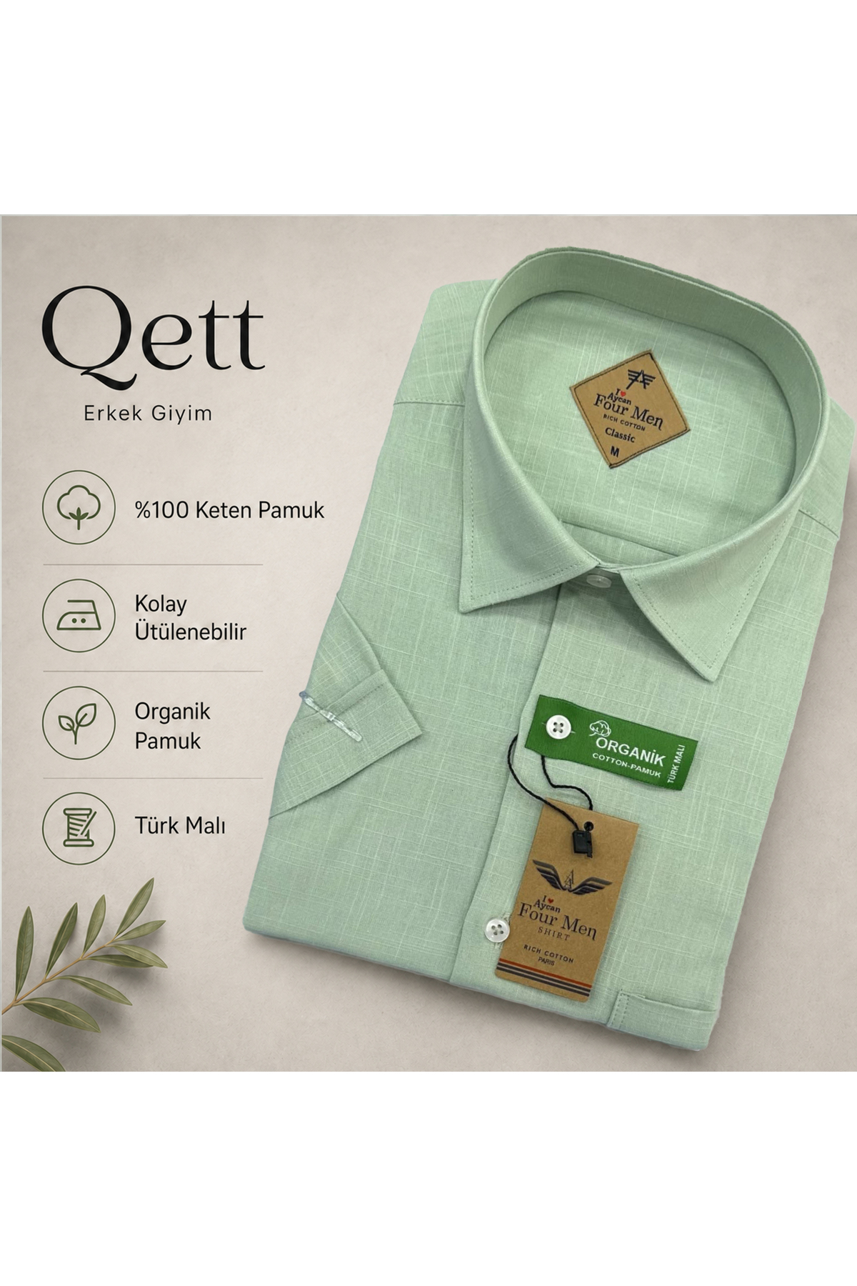 Qett Kısa Kol Regular Kesim Düğmeli Yaka Pamuk Nefes Alabilen Keten Görünümlü Gömlek Büyük Beden görsel 2