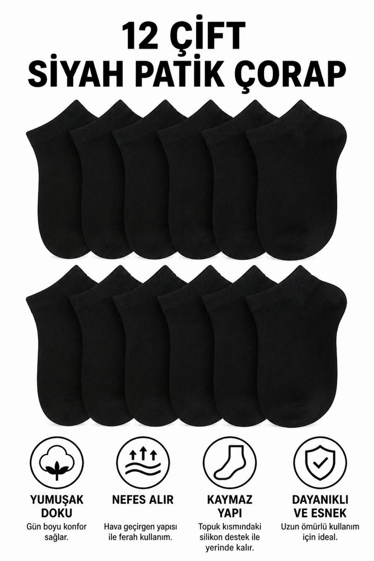 TreBears 12’li Paket Unisex Patik Çorap Seti, Pamuklu Bilek Boy Patik Çorap, Nefes Alabilir Çok Renkli (Siyah, Beyaz, Gri) Kısa Çorap