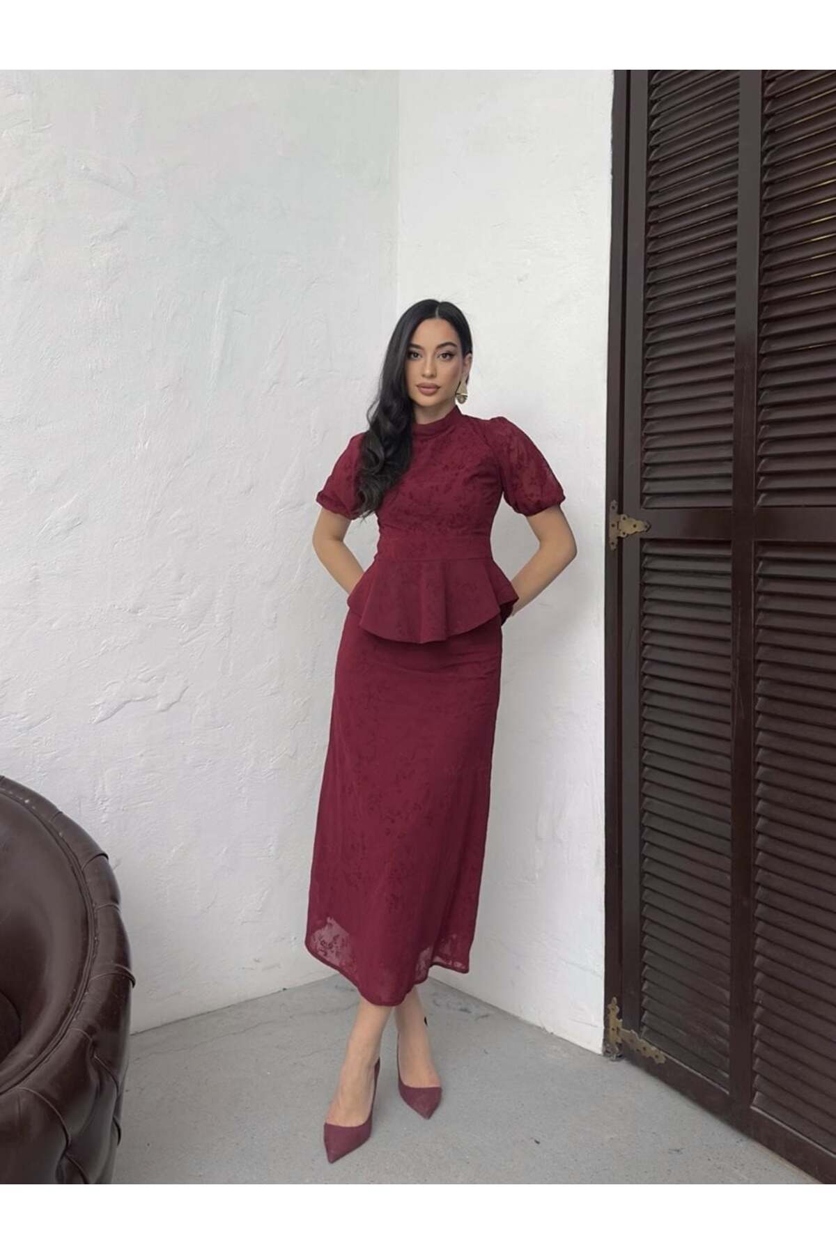 Clothes Fast Kadın BLACK - SİYAH Midi Elbise Dik Yaka Balon Kol Volanlı Çiçek Desenli Şifon görsel 4
