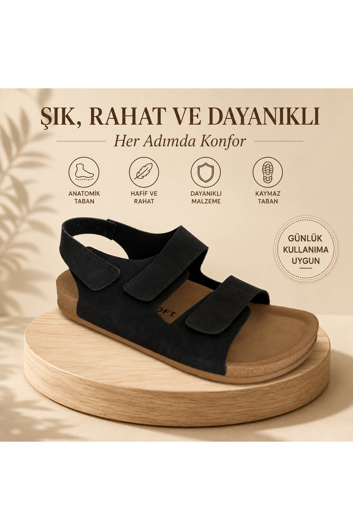 SOLEVA Erkek Siyah Cırt Cırtlı Günlük Sandalet