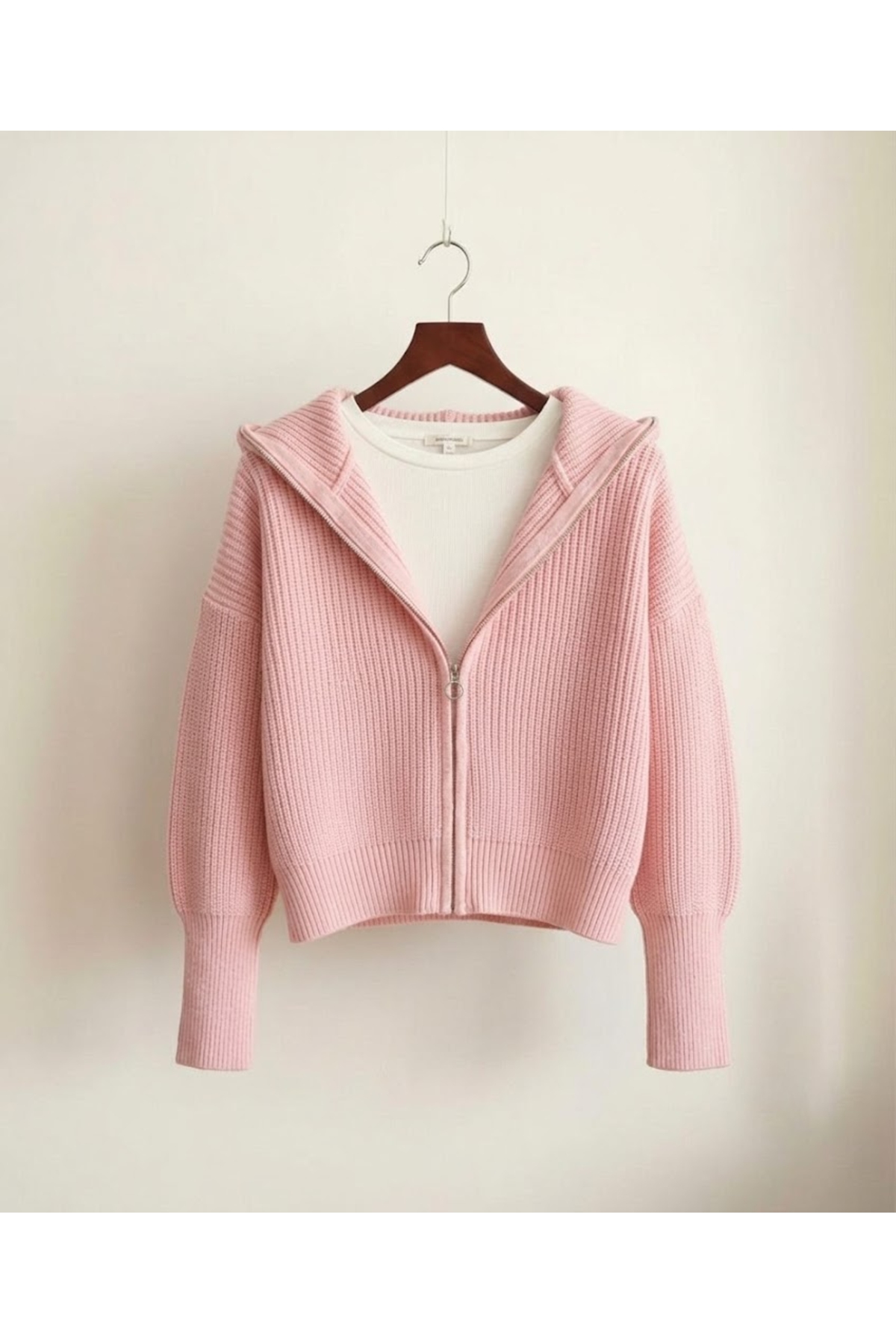 FLEX FASHION kadın esnek örgü yumoş fermuarlı devrik yaka pembe triko hırka