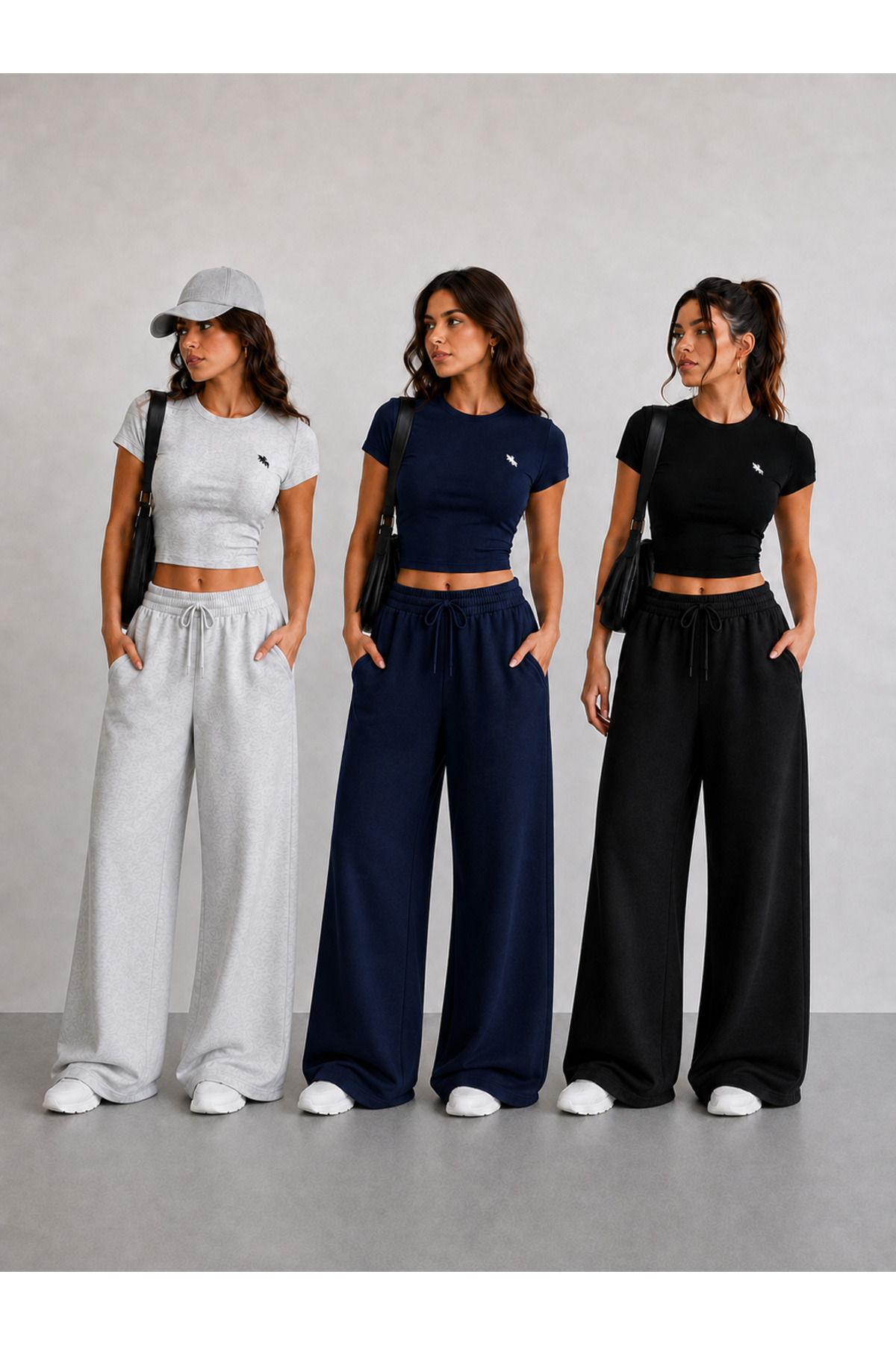 BERYY MODA 3'lü Eşofman Altı Seti Kadın Siyah Gri Lacivert Yüksek Bel Trend Wide Leg görsel 3