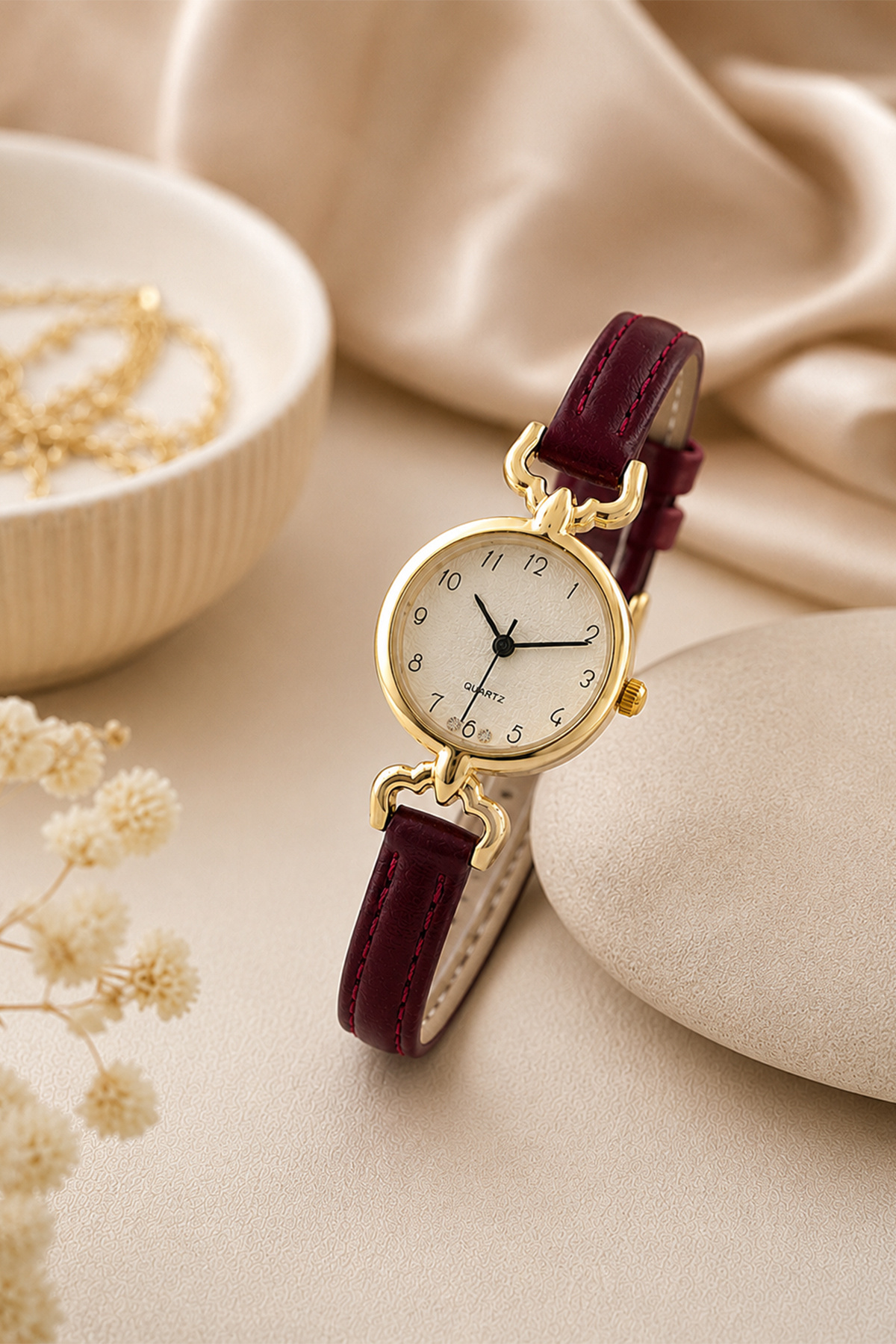 GANYMET Boffy Vintage Minimalist Bordo Deri Kordon Kadın Kol Saati - Gold Detaylı Şık Tasarım Kadın Saat görsel 3