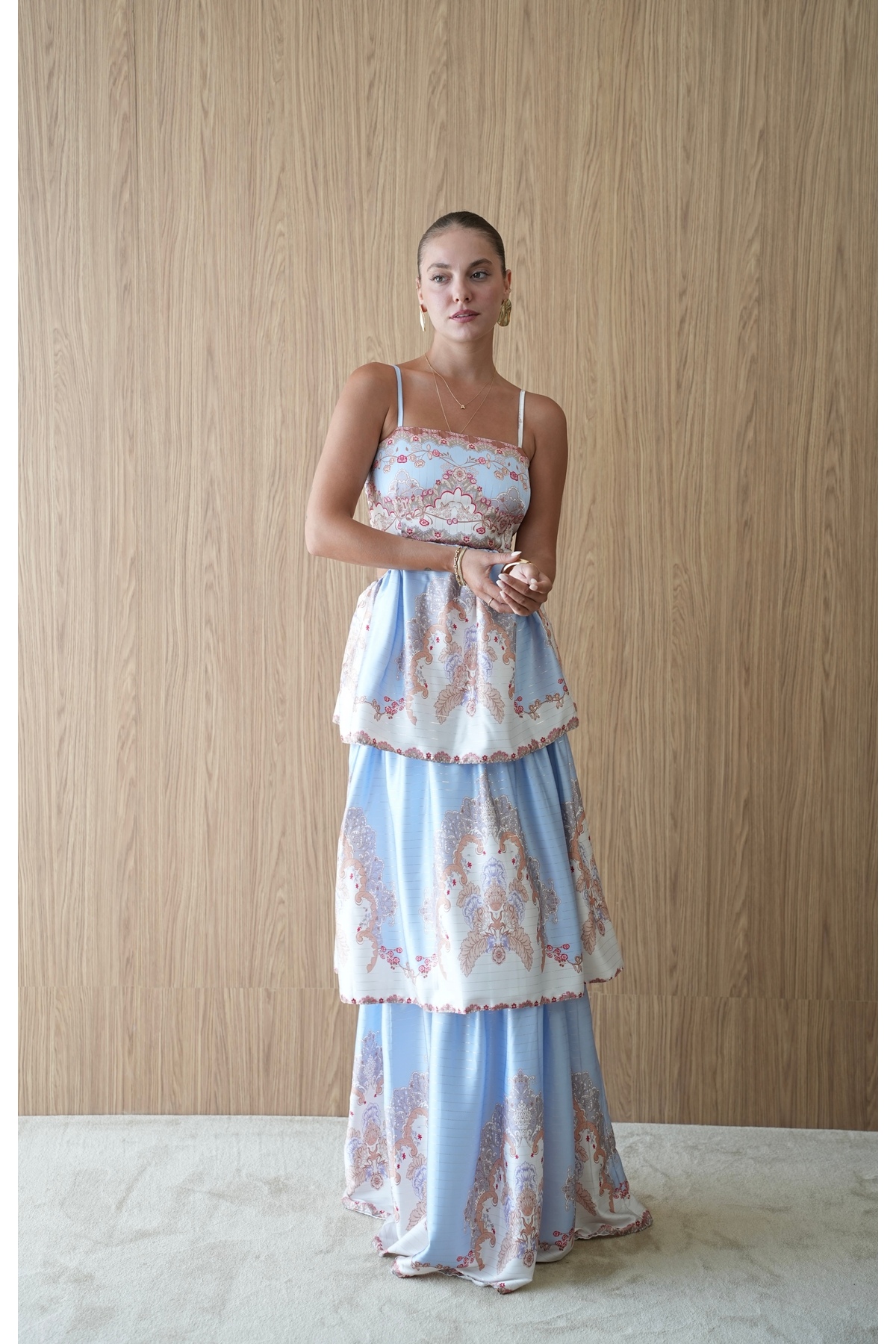 Zey Studio Women's Blue Ethnic Patterned Long Dress with Window Detail