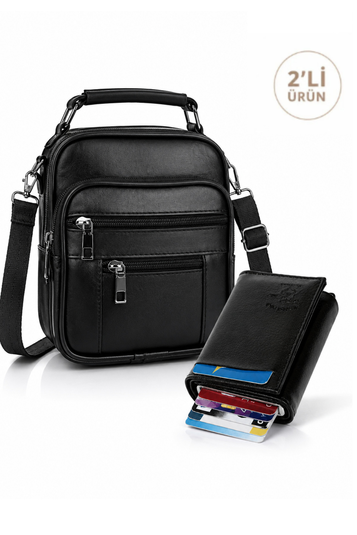 NEWISH POLO ACCESSORIES Erkek Siyah Çelik Kasalı Hakiki Deri El Ve Omuz Çantası Ayarlanabilir Askılı (Küçük Boy) ve Cüzdan
