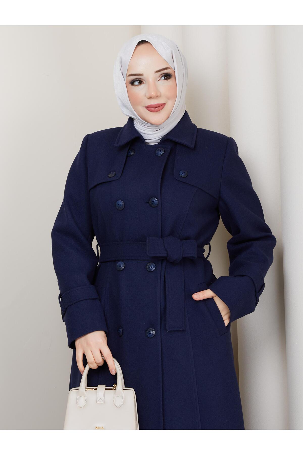 moda asmila Kruvaze Pelerin Detaylı Tam Boy Kaşe Manto görsel 5