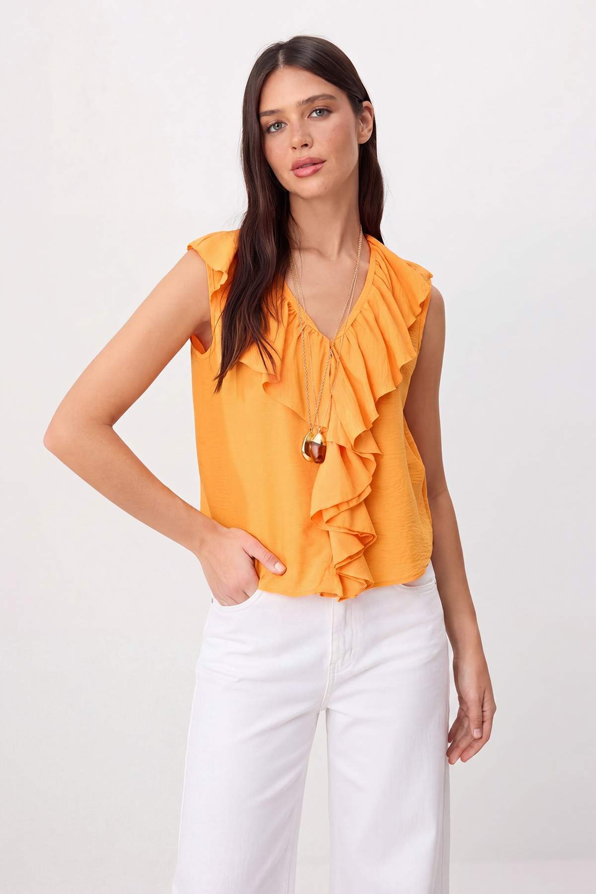Trendyolmilla Turuncu Fırfır Detaylı Dokuma Bluz TWOSS26BZ00767