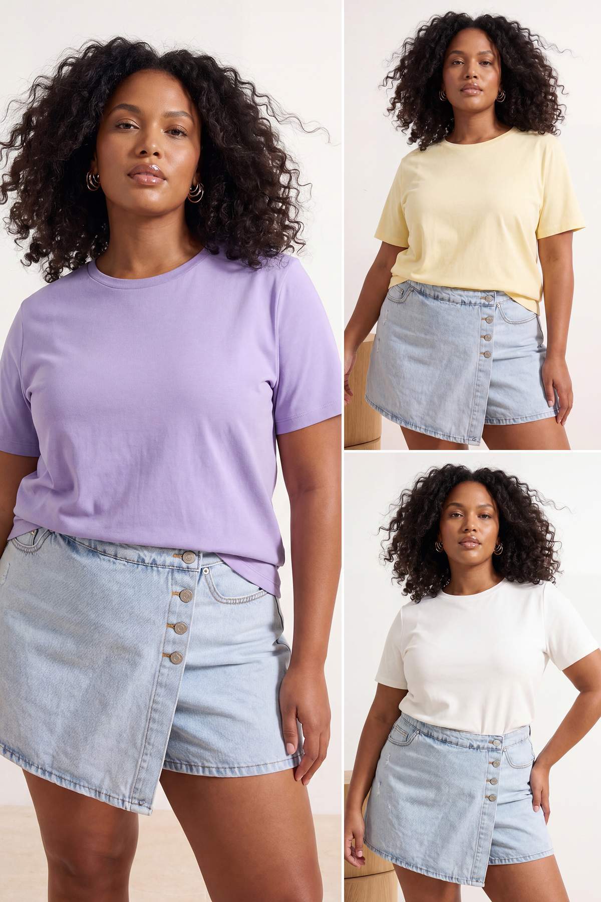Trendyolmilla Curve Lila-Sarı-Ekru 3'lü Paket Büyük Beden T-shirt TBBSS25BF00071