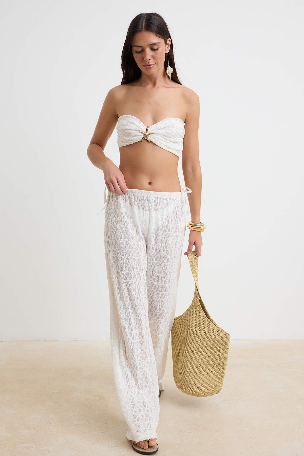 Trendyol Kollektion Ecru Gestricktes Maxi-Set mit Accessoire-Details, Strandb...