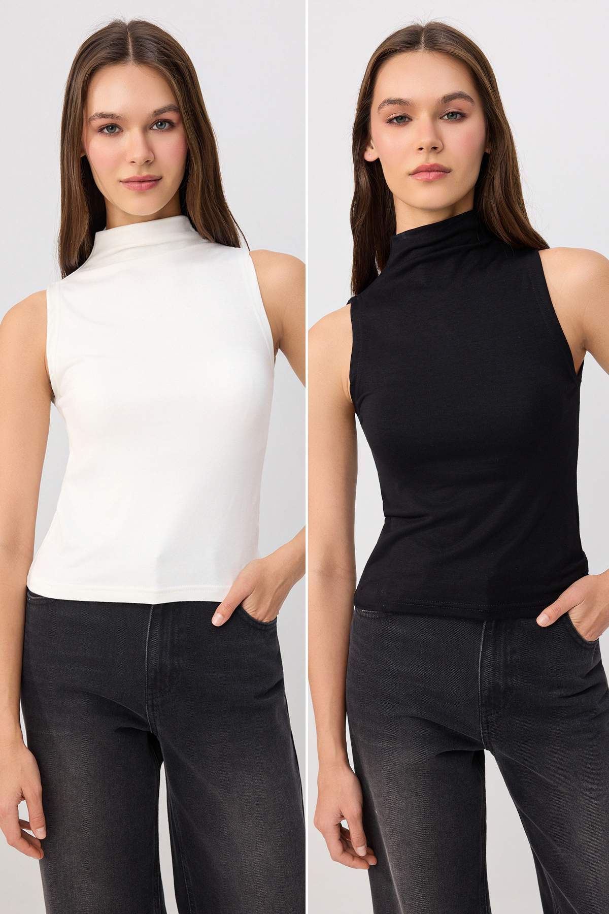 Trendyolmilla Siyah-Ekru Fitted/Vücuda Oturan Dik Yaka Kolsuz Pamuk Ribana Örme Bluz TWOSS26BZ01017