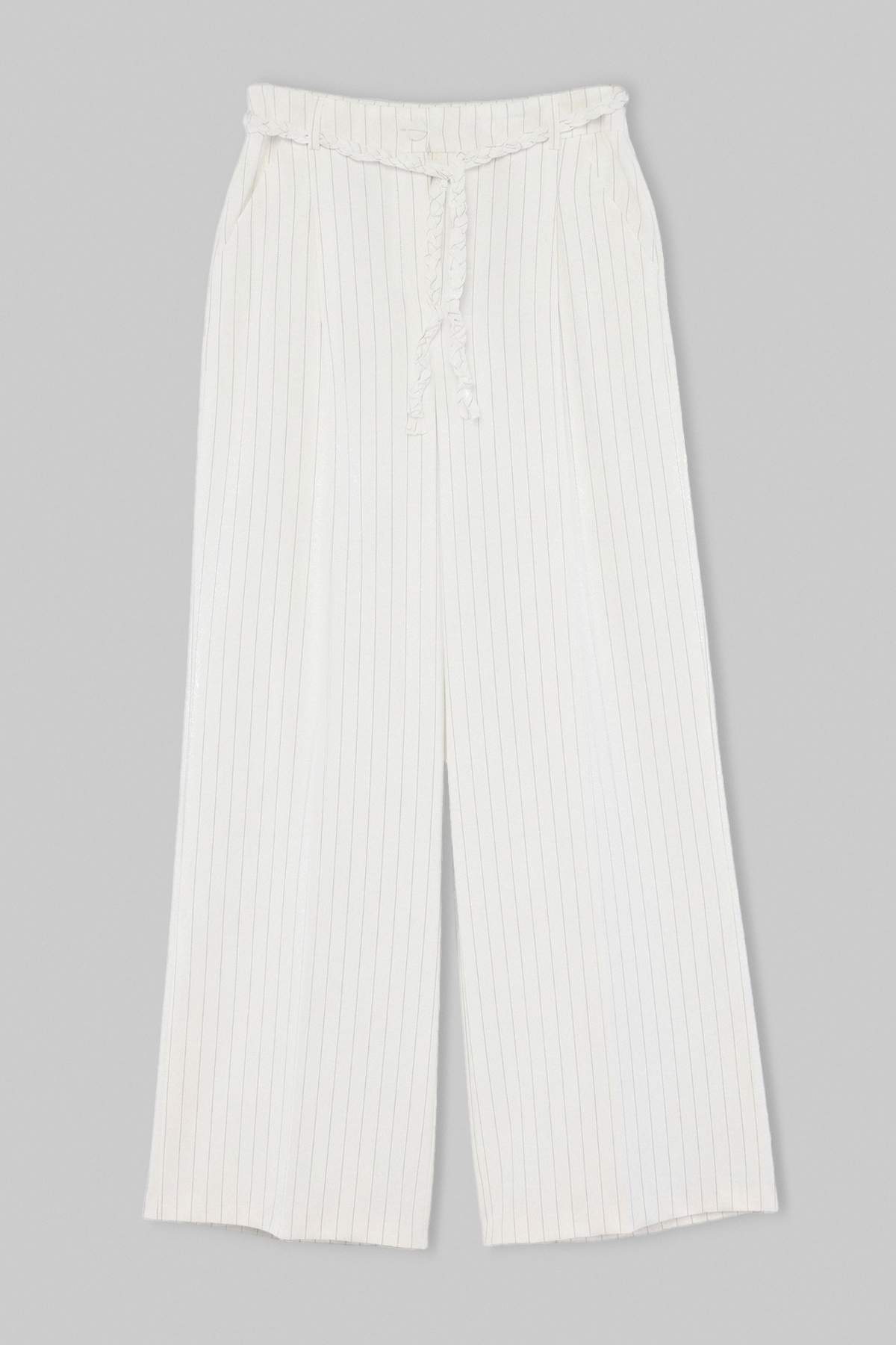 Trendyolmilla Beyaz Örgü Kemerli Wide Leg/Geniş Paça Çizgili Kumaş Pantolon TWOAW27PL00011
