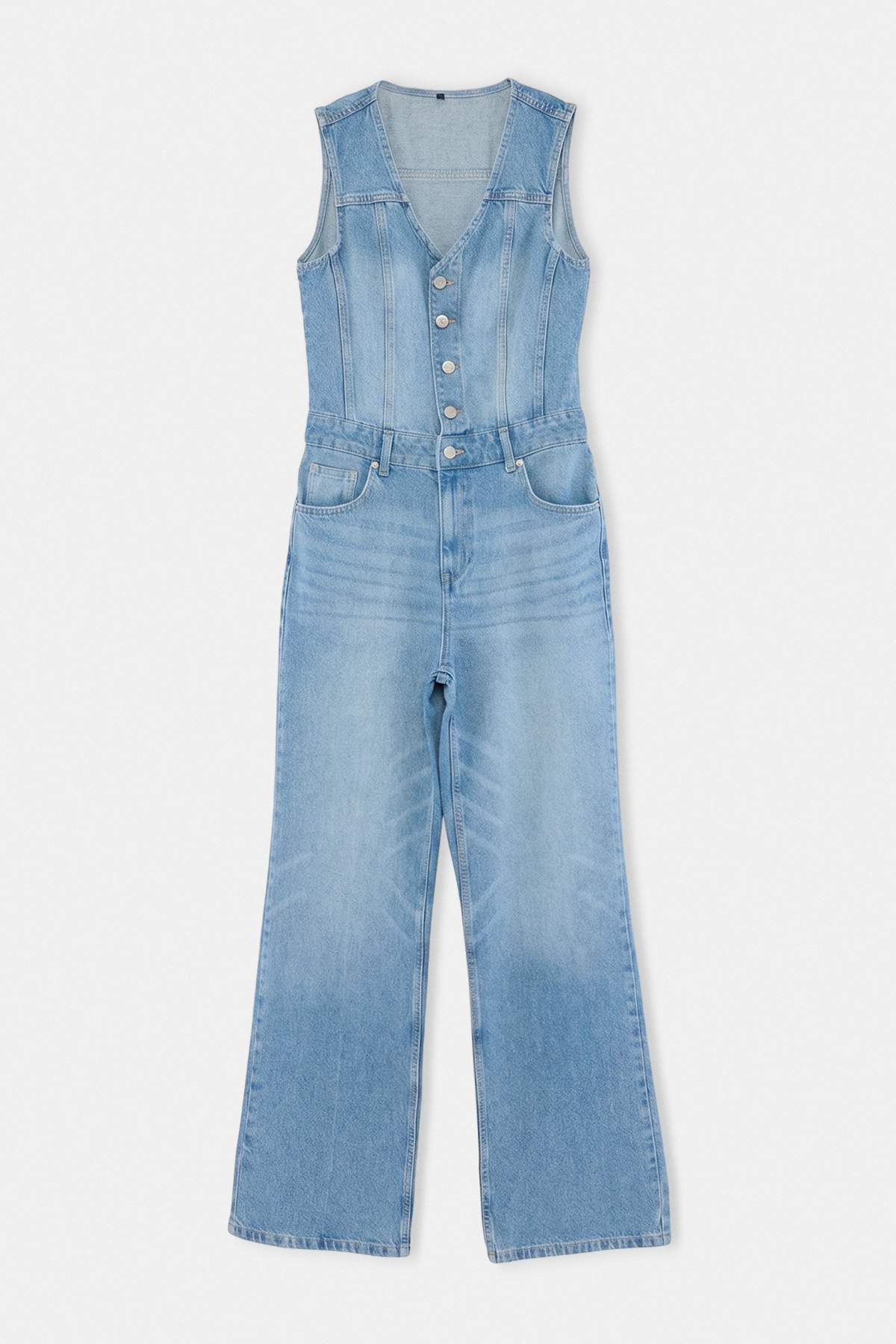 Trendyolmilla Mavi %100 Pamuk Düğme Detaylı Denim Tulum TWOAW27TU00001