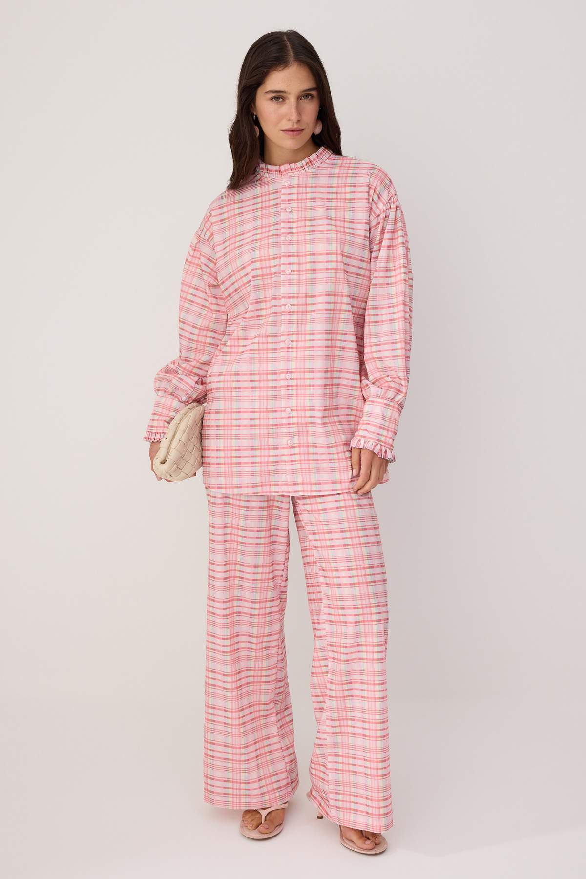 Trendyolmilla Modest Pembe Oversize Poplin Ekoseli Alt - Üst Takım TCTSS26US00084