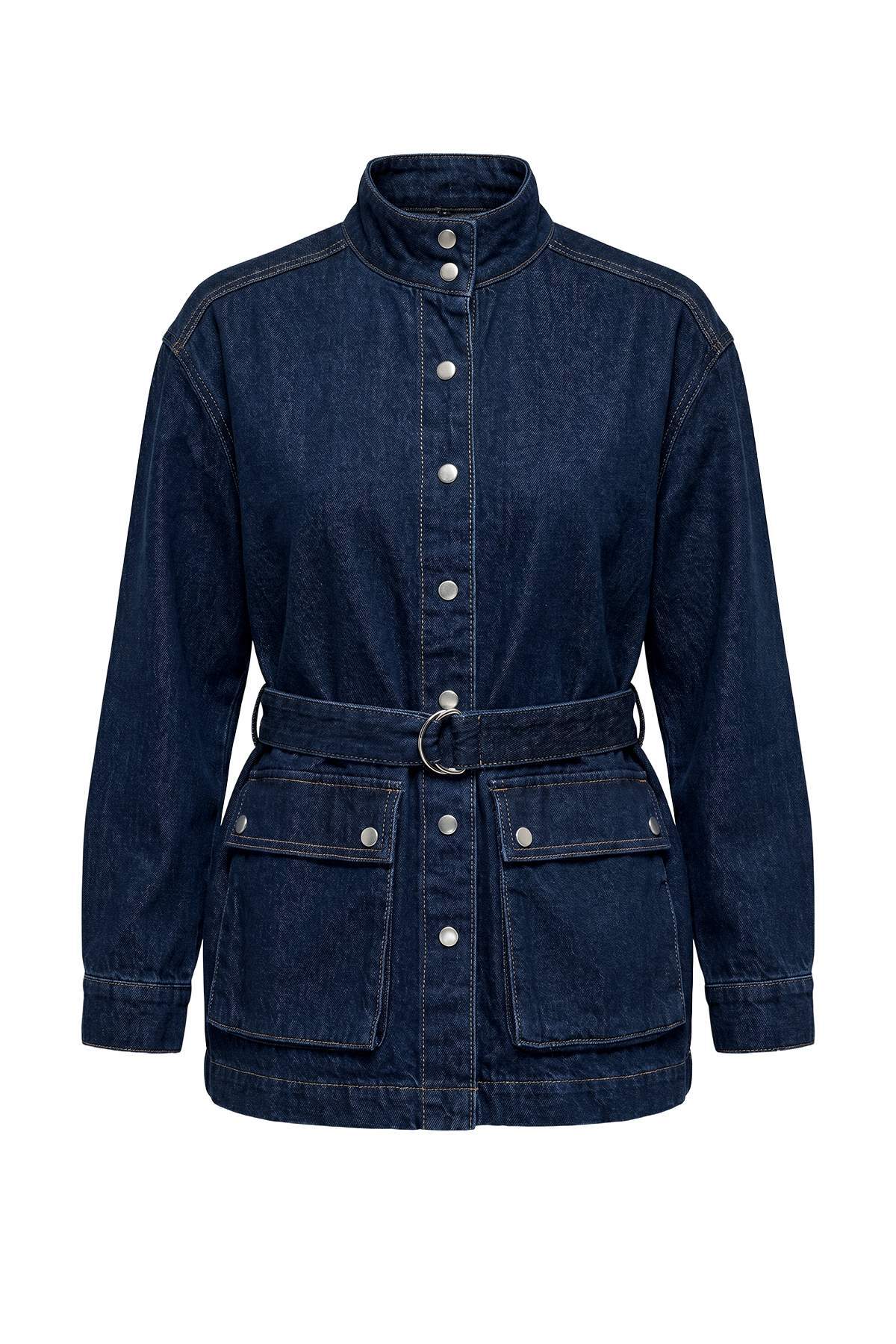 Trendyolmilla Wardrobe Essentials Koyu Mavi Kemer Detaylı Dik Yaka Denim Ceket TWOAW27CE00013