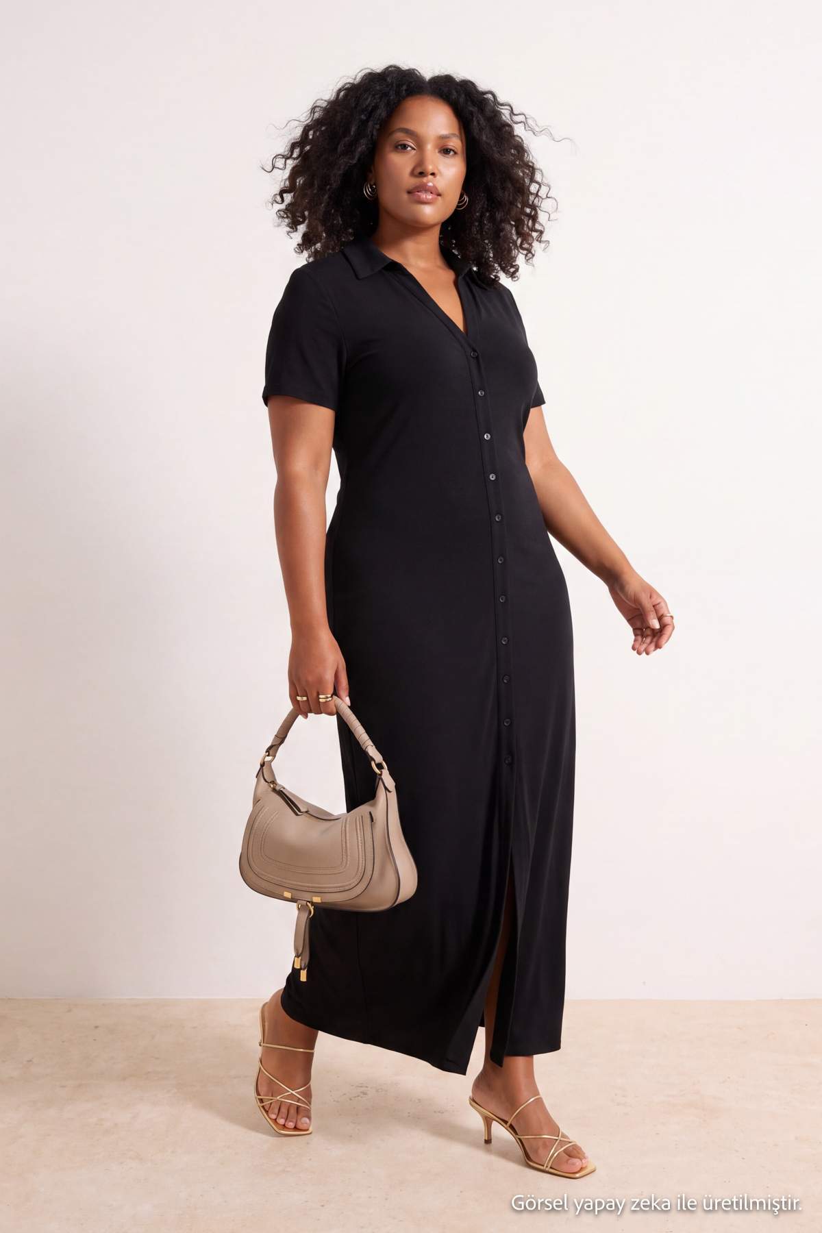 Trendyolmilla Curve Siyah Polo Yaka Düğmeli Maxi Örme Büyük Beden Elbise TBBSS26AH00191