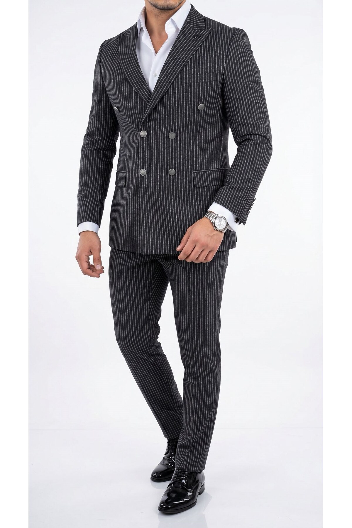 İtalyan Kesim Kruvaze Takım Elbise – Modern Slim Fit – Çizgili Kumaş Detaylı — سرمه‌ای PRA-13343985-802781 — تصویر 6 از 7