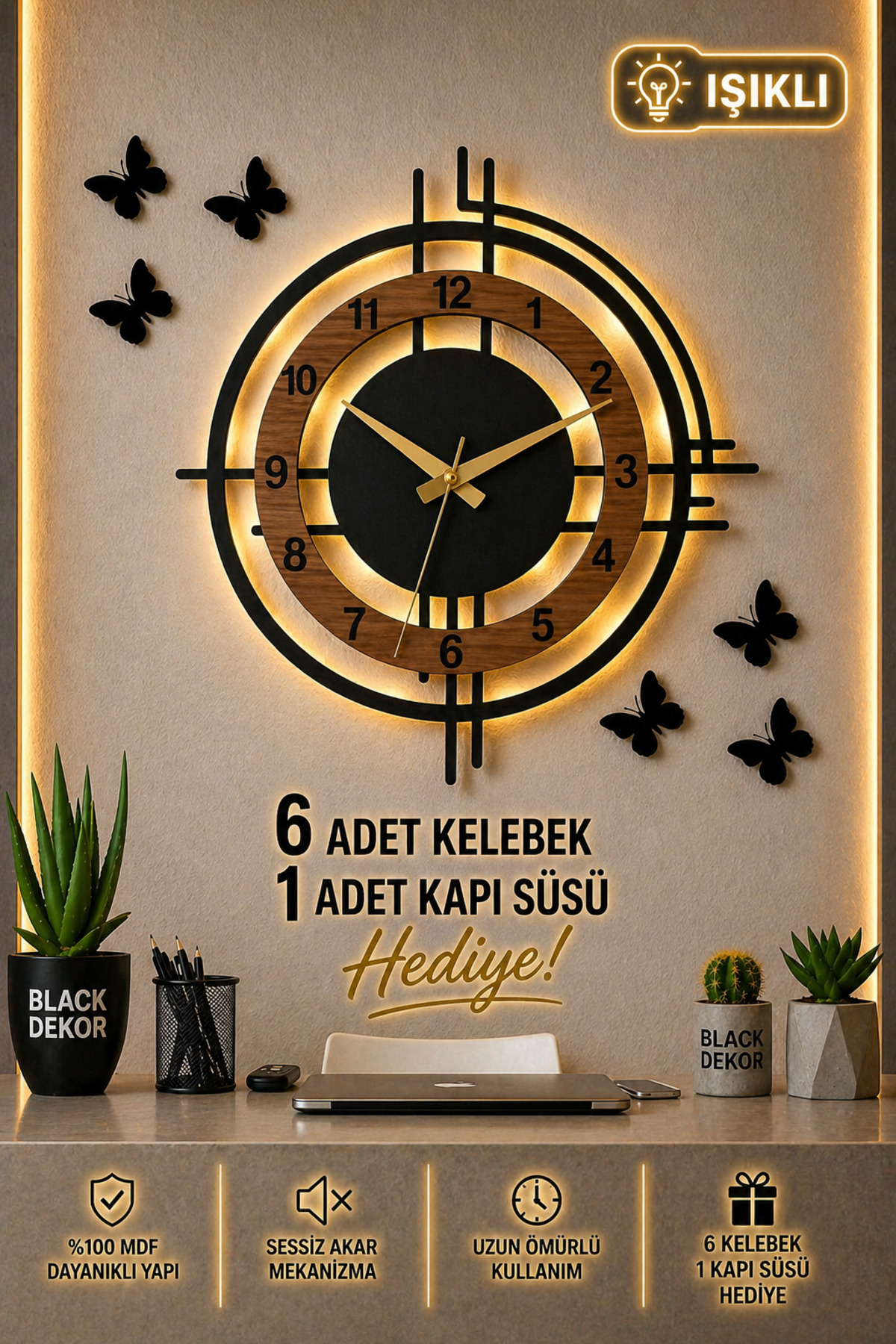 Walnut Colorful Led Lighted Wall Clock | Modern And Stylish 50 Cm Decorative Clock