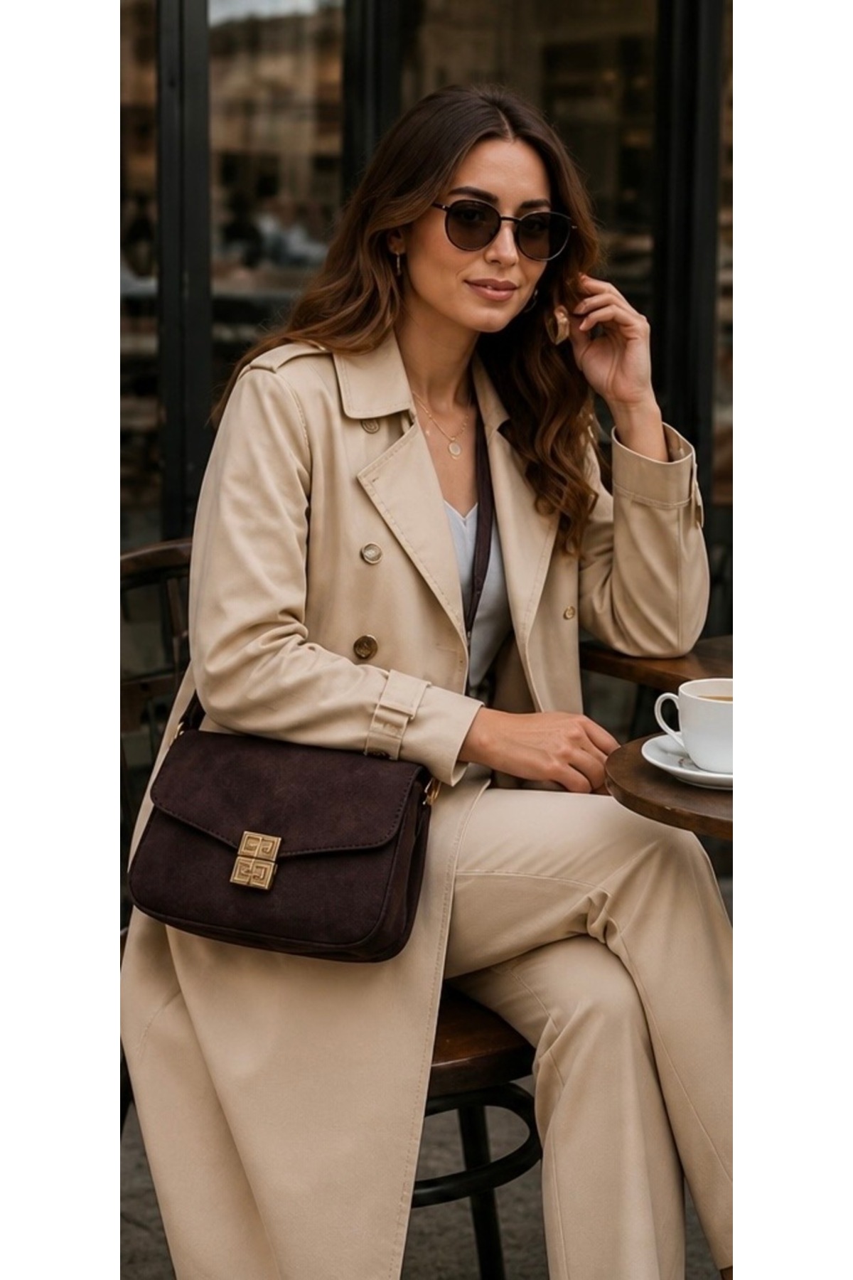 Women's Suede Gold Accessory Detail Crossbody Shoulder Bag