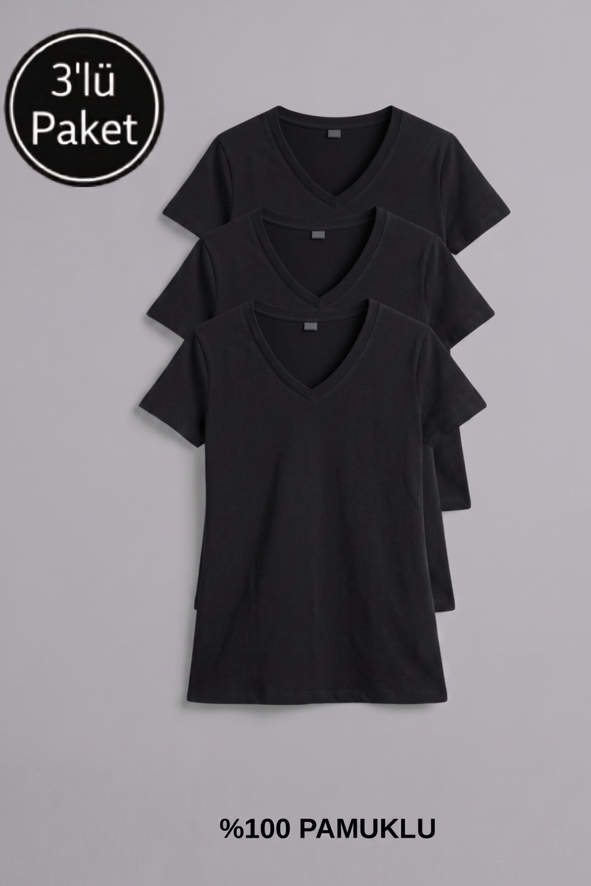 Women's Black V-Neck Cotton 3-Piece T-shirt