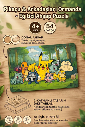 caps office 54 Parça Eğitici Ahşap Puzzle & Yapboz Pikachu (Pikaçu) & Arkadaş...