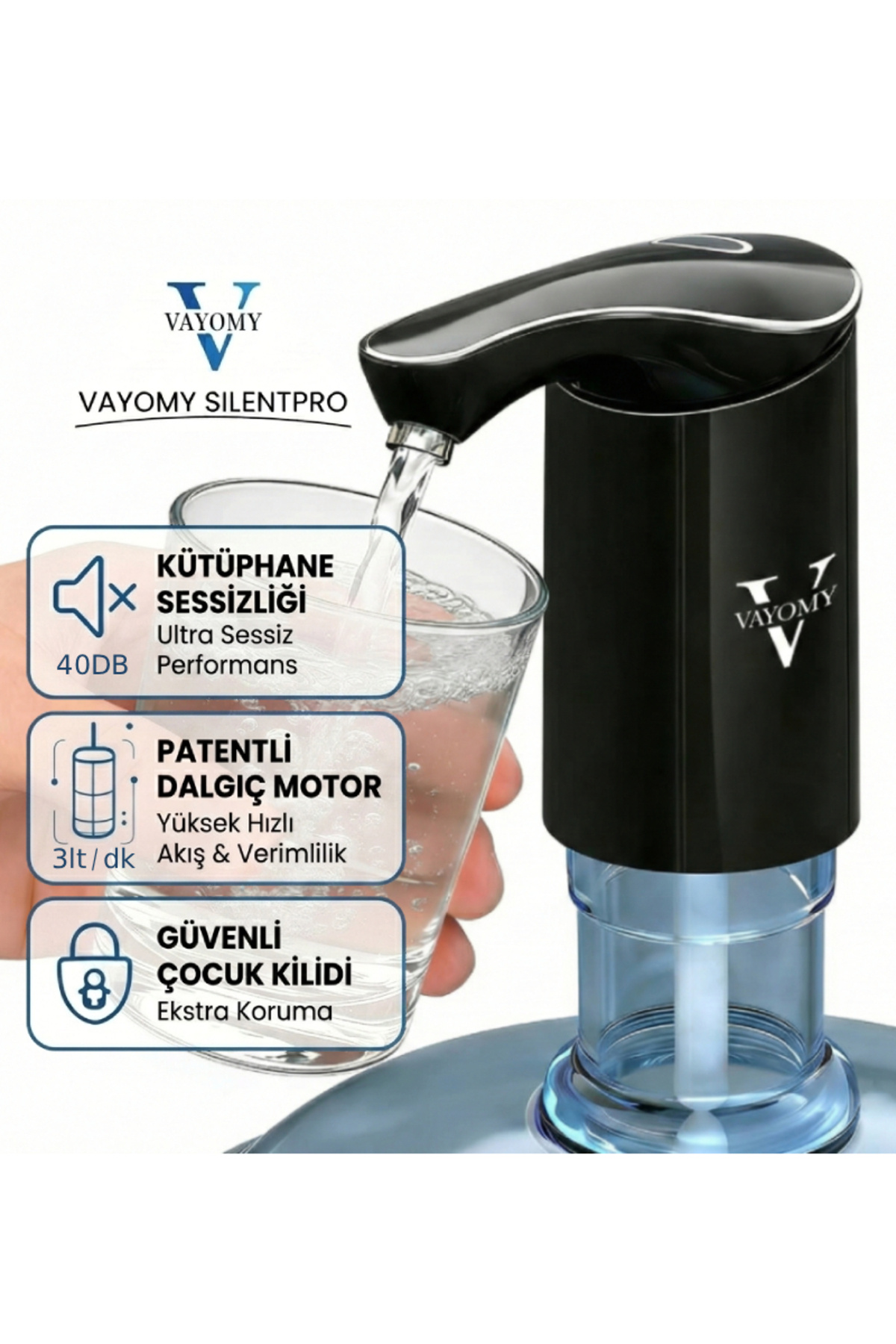 Vayomy SilentPro Sessiz Şarjlı Otomatik Damacana Su Pompası Dalgıç Motor Hızlı Dolum Çocuk Kilidi Bpa Free