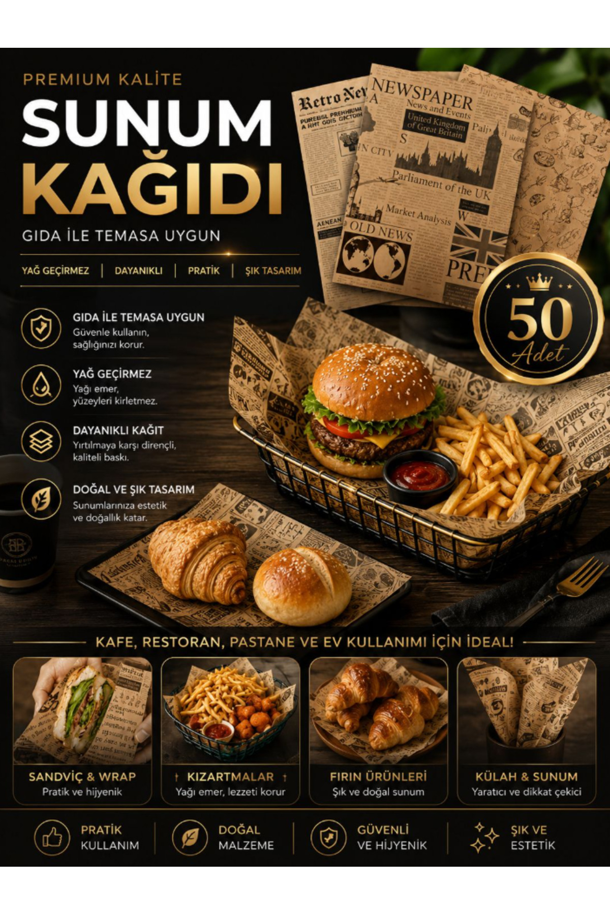 Kendinden Desenli Yağlı Kağıt | 50 Adet Vintage Gazete Desen Sunum Kağıdı | Karışık Desen