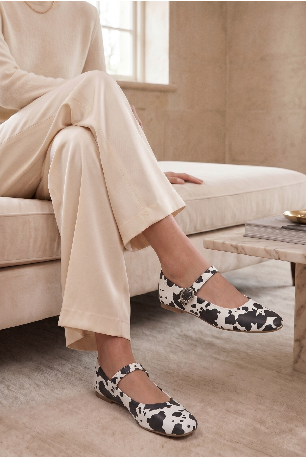 Genuine Leather Black White Cow Pattern Buckle Women's Flats-Mary Jane Model Casual Shoes