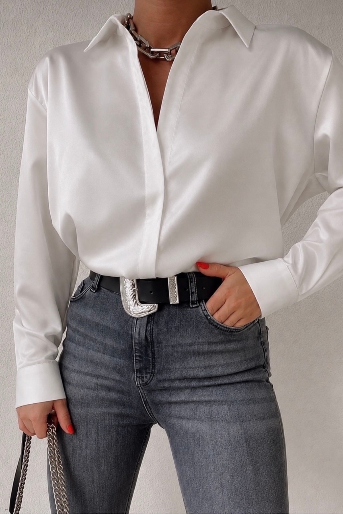Yeni sezon Kadın Beyaz pamuk Saten Gömlek-EMMAS CLOTHİNG - Görsel 9