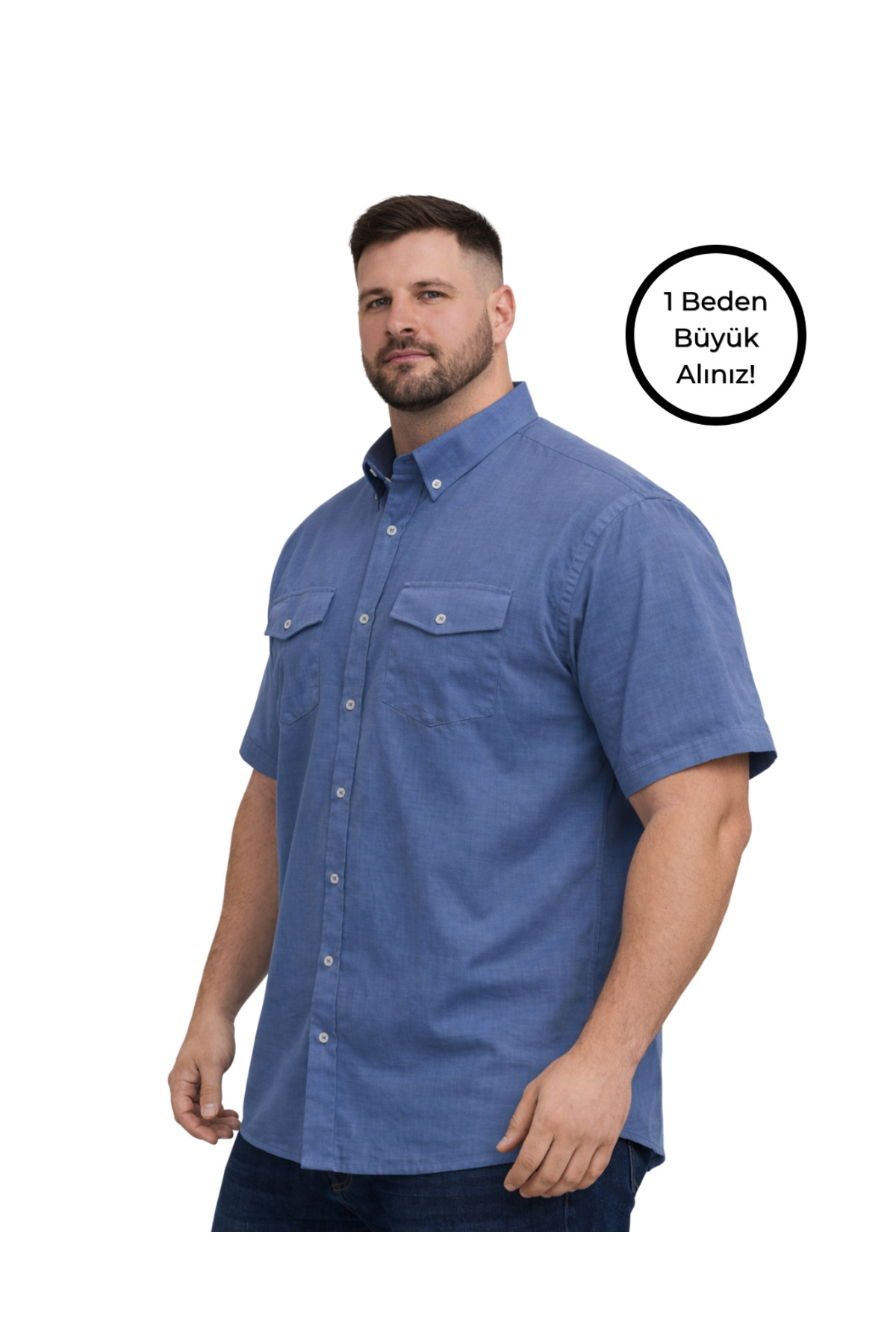 BattalModa Erkek Büyük Beden İndigo Çift Cepli Kısa Kollu Gömlek 3XL-4XL-5XL-6XL-7XL-8XL görsel 2