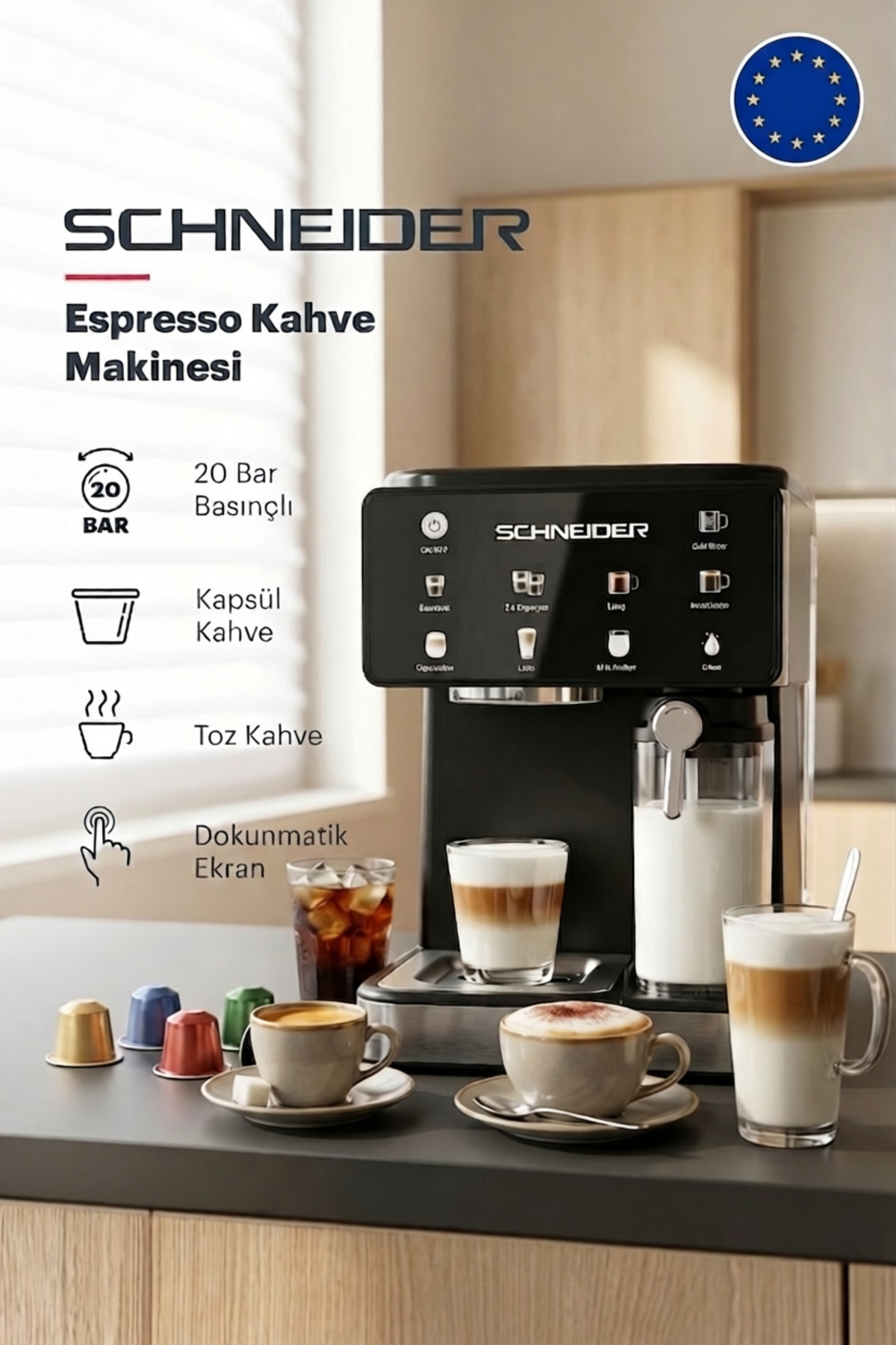 Espresso Latte and Coffee Maker - 20 Bar Pressure, Capsule Coffee Supported, Multi-Program and Steam Milk Frother