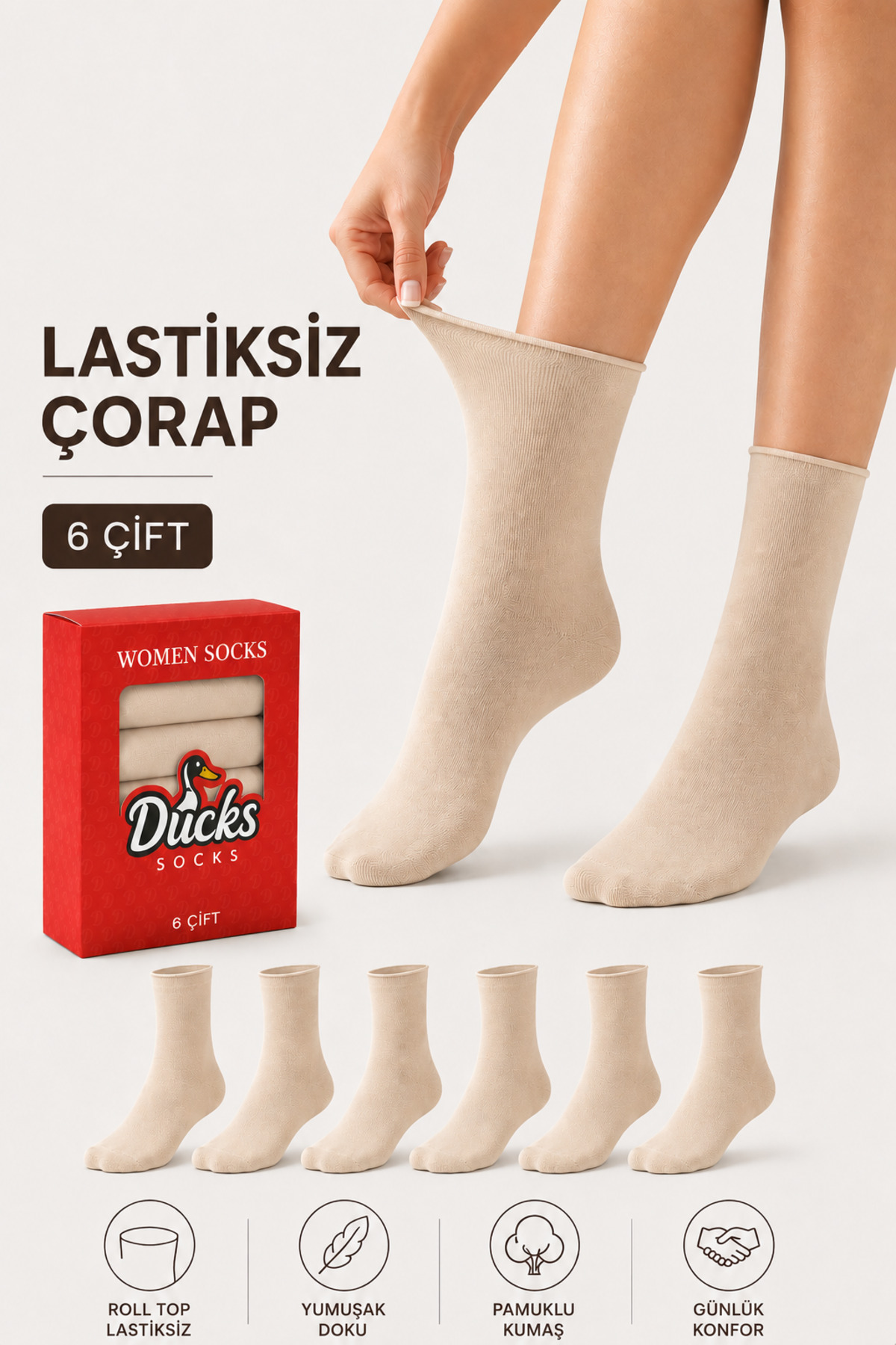 Women's Beige 6-Pack Cotton Boxed Elastic Socks Diabetic Friendly Seamless Traceless Long Taperless Socks