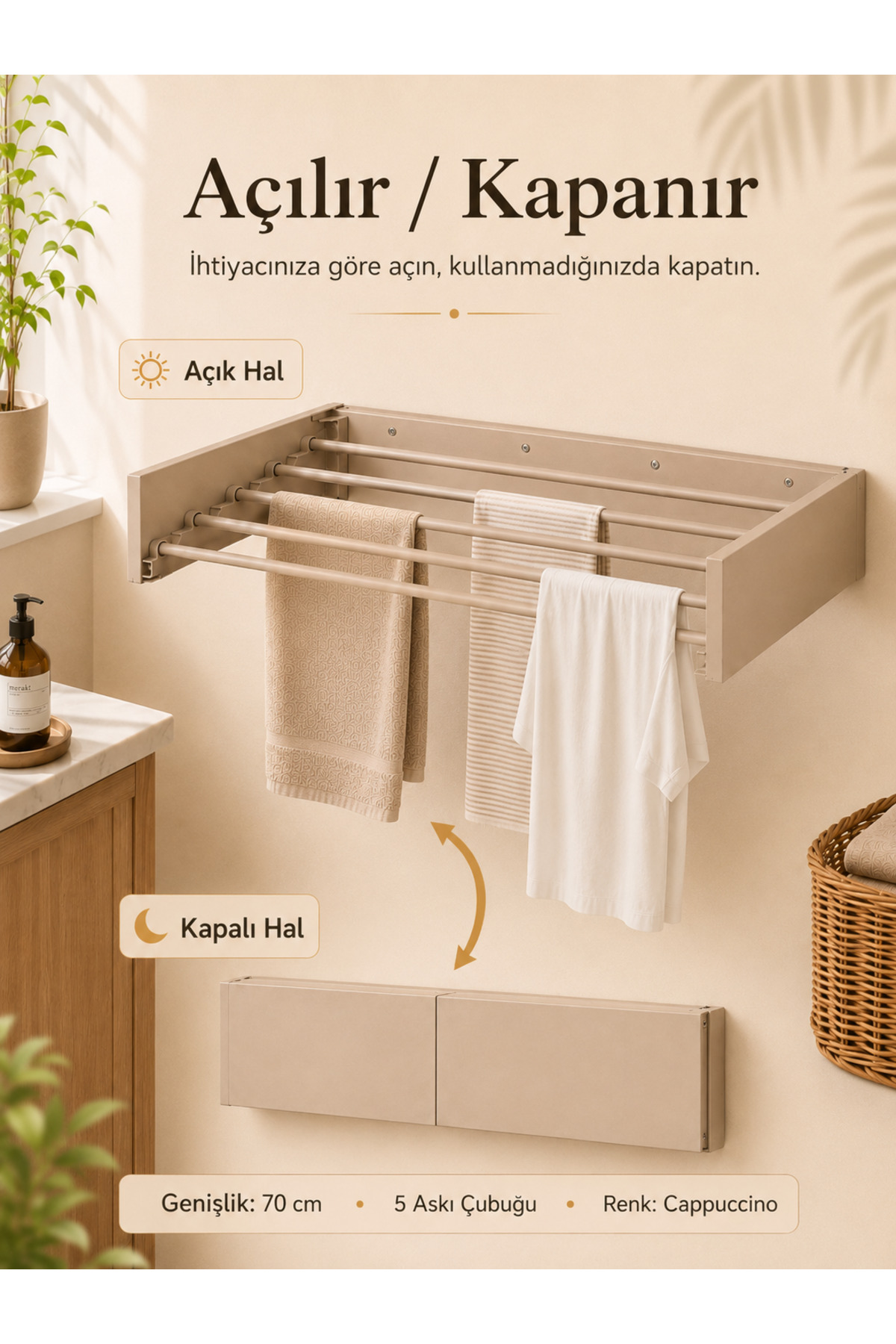 Belize 70cm Laundry Drying Wall Mounted Interior And Exterior Stainless 5 Eyes White Cappuccino