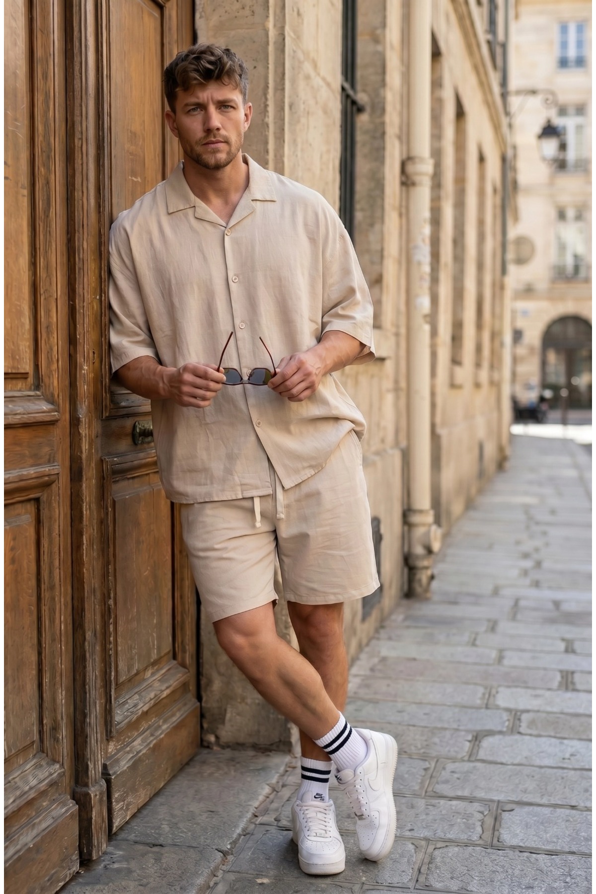 Men's Cotton Linen Shirt Shorts Set Beige