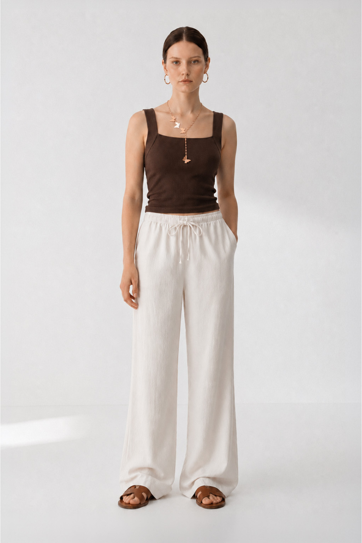 Women's White Wide Cut Wide Leg Elastic Waist Linen Pants