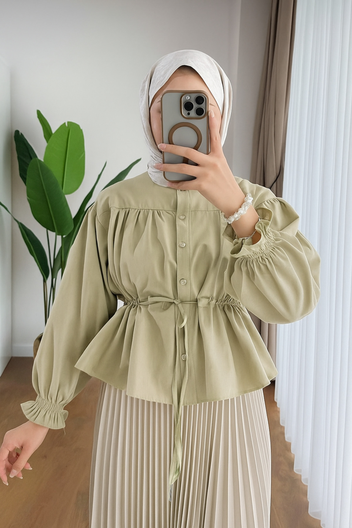 Women's Shirred Waist Shirt on Skirt M24140 - Beige