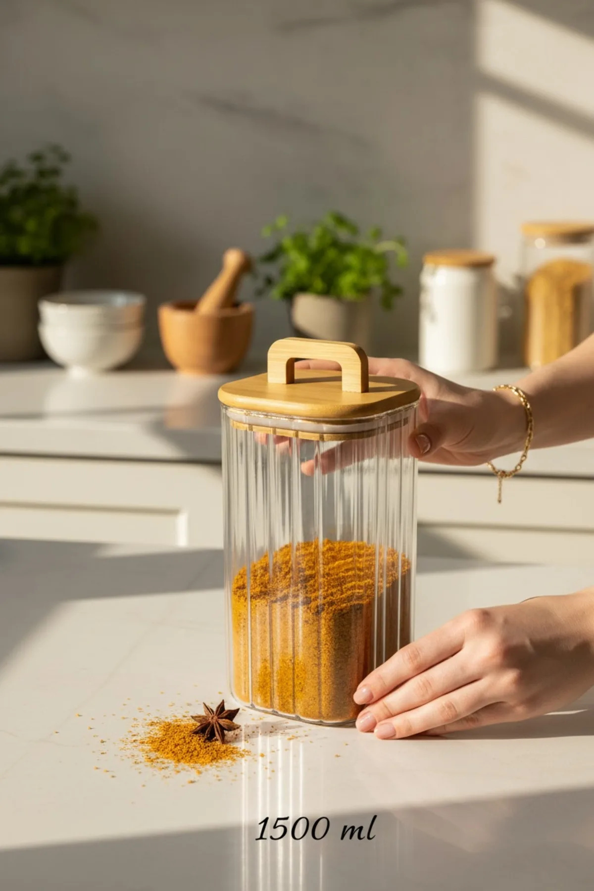Bambu Kapaklı 1500 ml Line (Çizgili) Cam Saklama Kavanozu