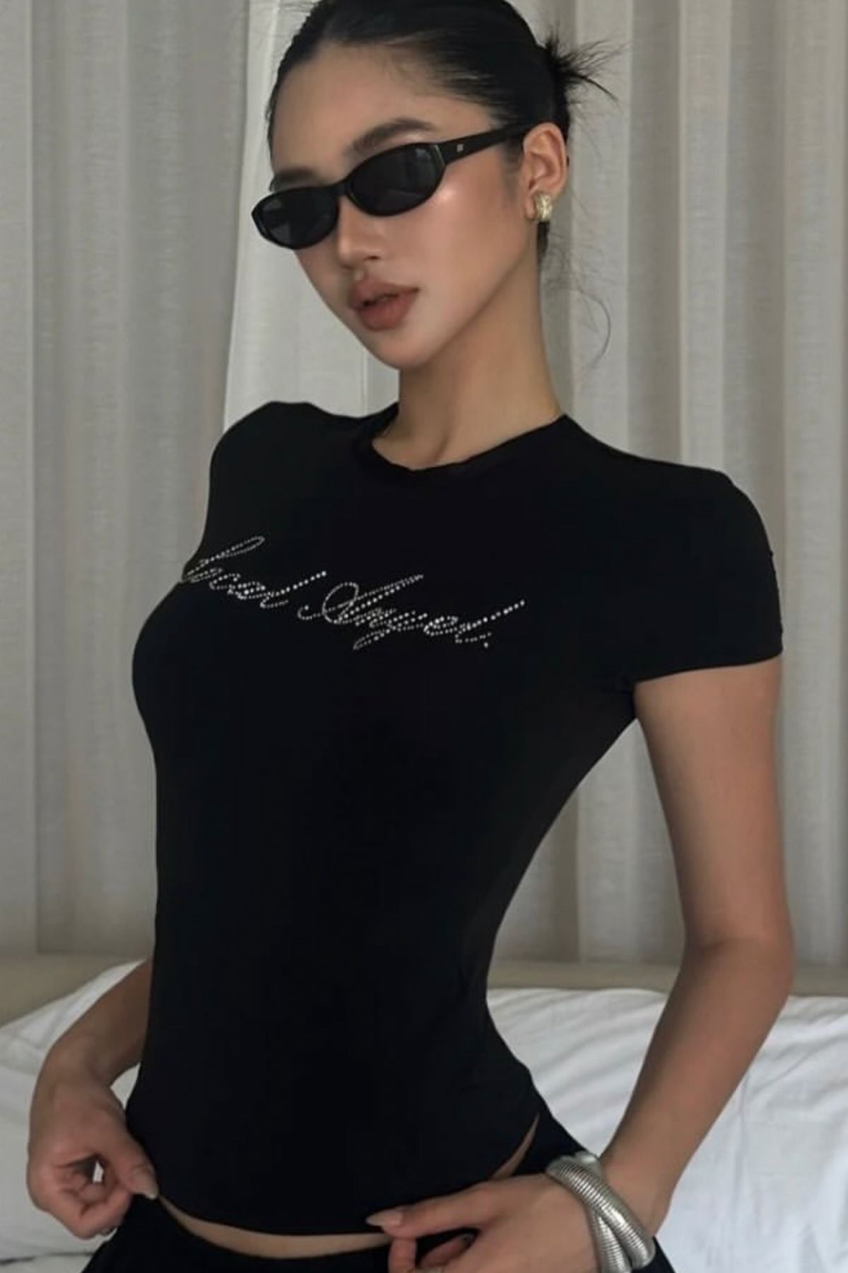 QUKA Local Angel Taş Baskılı Bisiklet Yaka Kısa Kollu Tshirt görsel 4