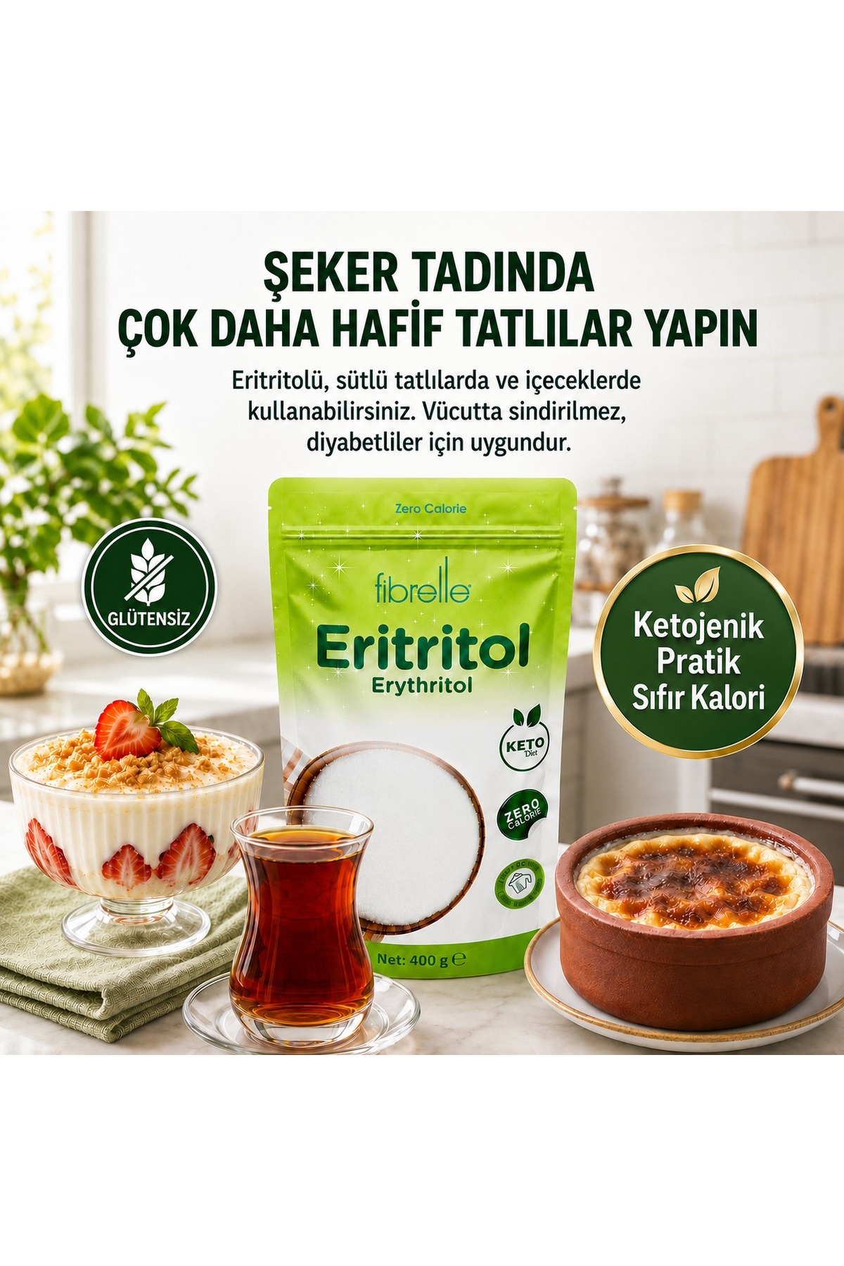 Fibrelle 400 G Eritritol 1 Paket. Keto / Ketojenik / Vegan Diyete