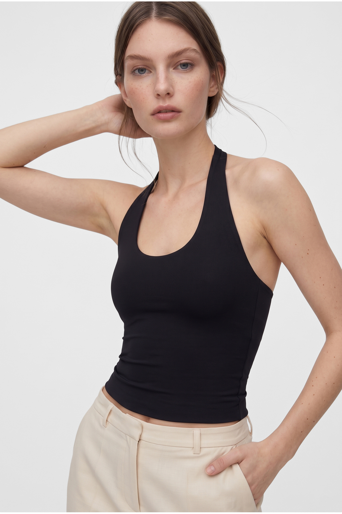OLYNN  Siyah Ultra Premium Soft Halter Yaka Çift Kat Top Body - Görsel 2