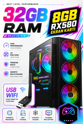 DMC N333 (PUBG,GTA 5) İ7 4770s/ 32GB RAM / 512GB SSD /8GB RX580 Oyuncu Masaüs...