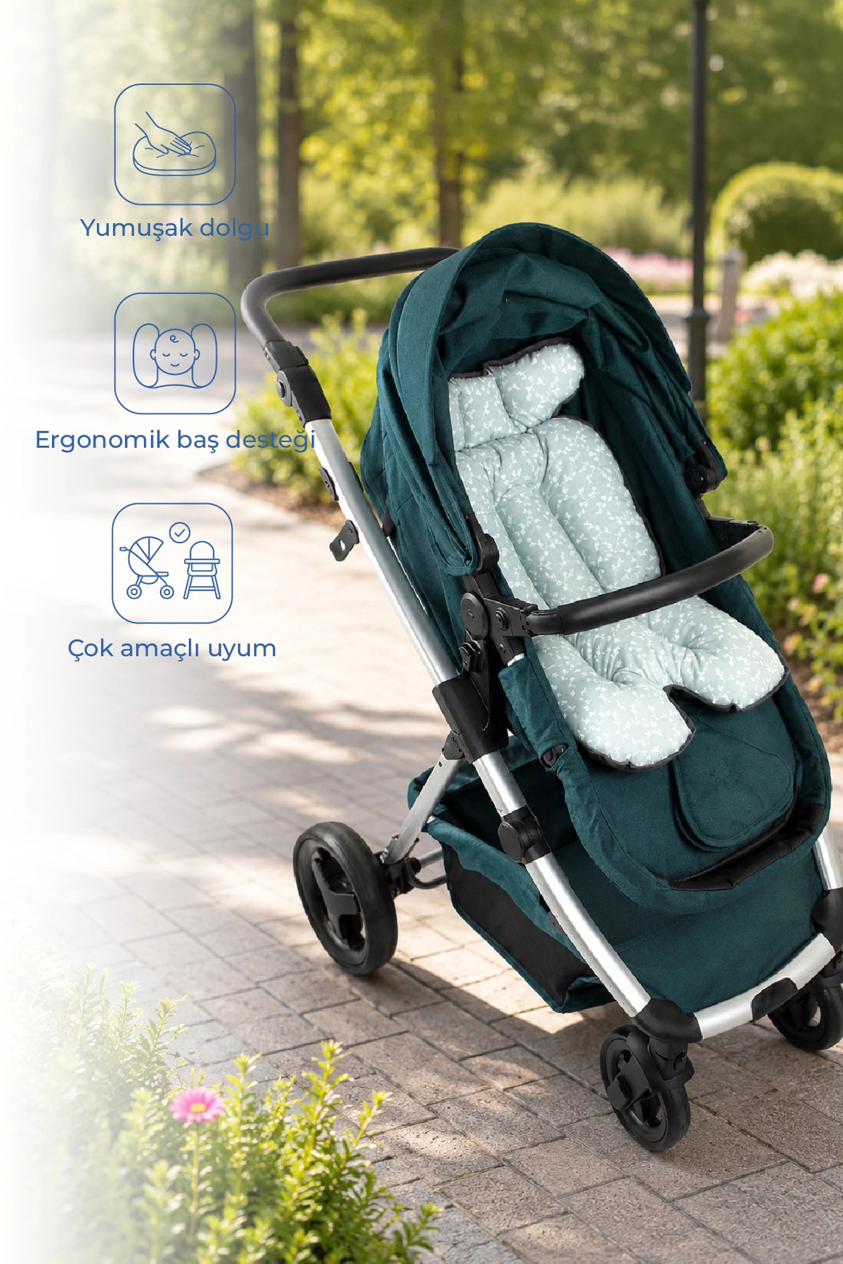 Babyjem 2 in 1 Puset ve Mama Sandalyesi Minderi Yeşil Çiçek %100 Pamuk
